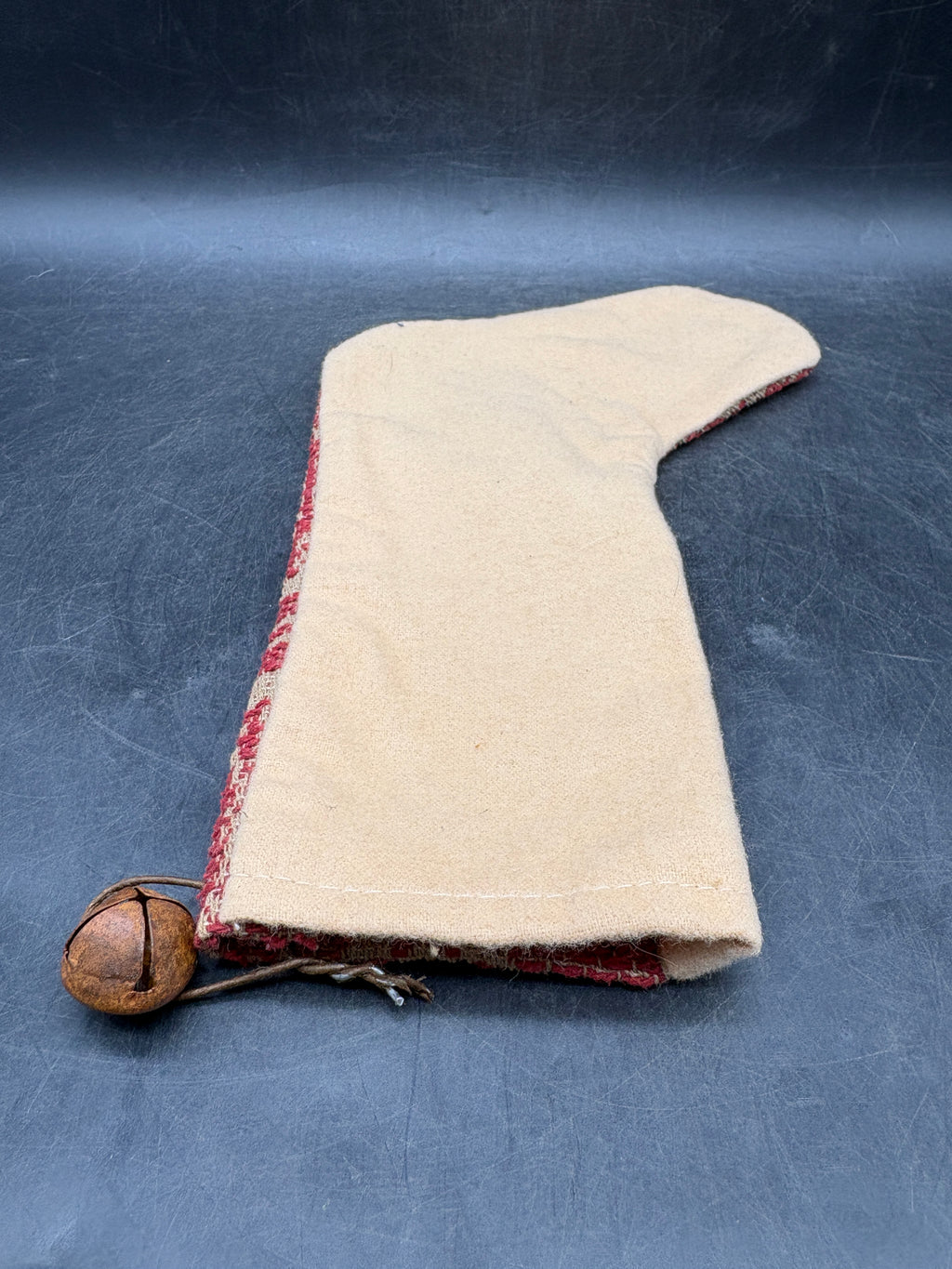Handmade Coverlet Christmas Stocking — Medium 10" x 5" with Flannel Backing & Rusty Bell