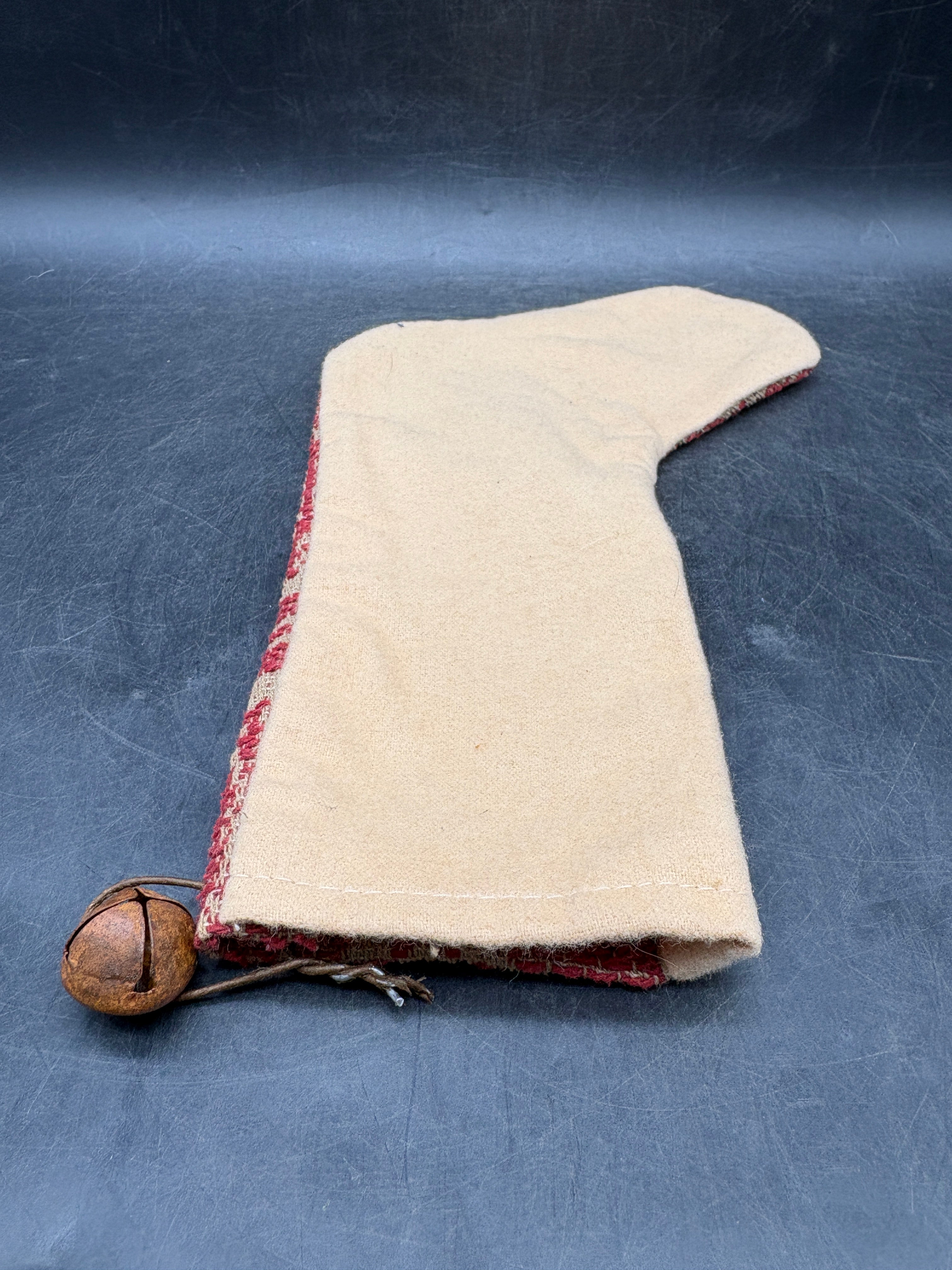 Handmade Coverlet Christmas Stocking — Medium 10" x 5" with Flannel Backing & Rusty Bell