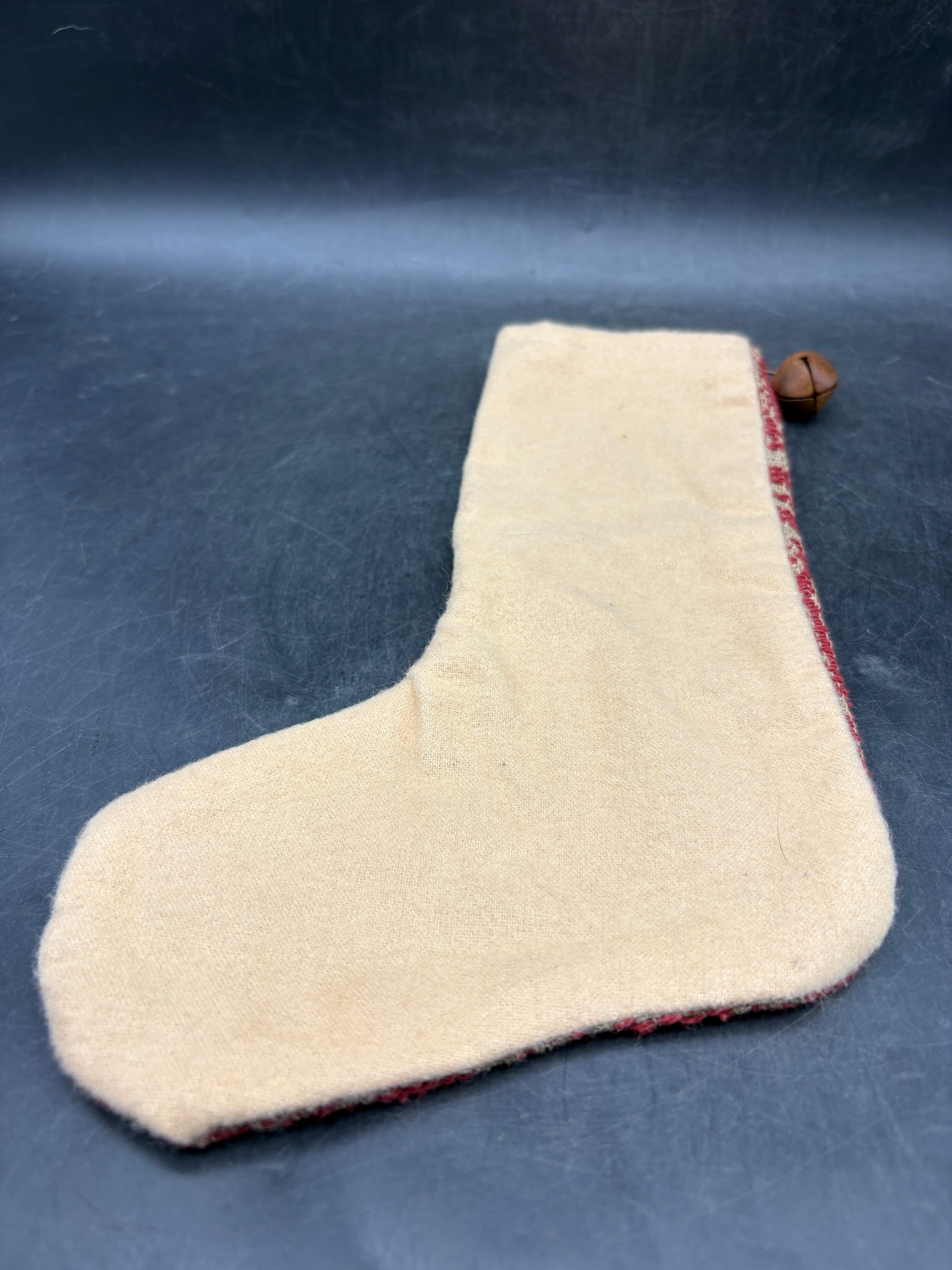 Handmade Coverlet Christmas Stocking — Medium 10" x 5" with Flannel Backing & Rusty Bell