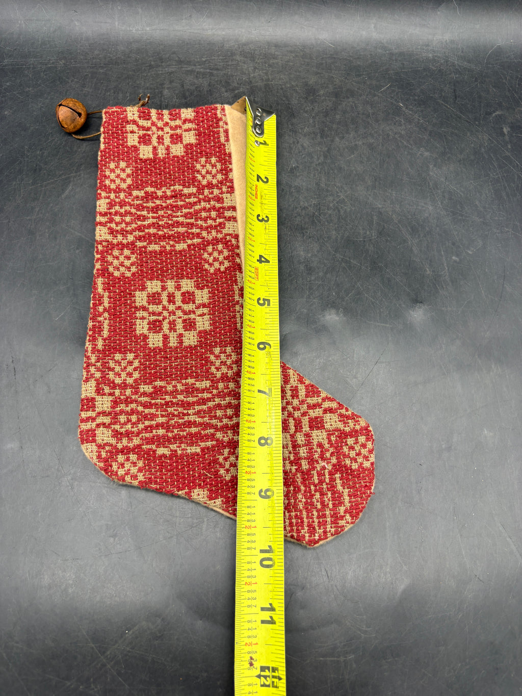 Handmade Coverlet Christmas Stocking — Medium 10" x 5" with Flannel Backing & Rusty Bell