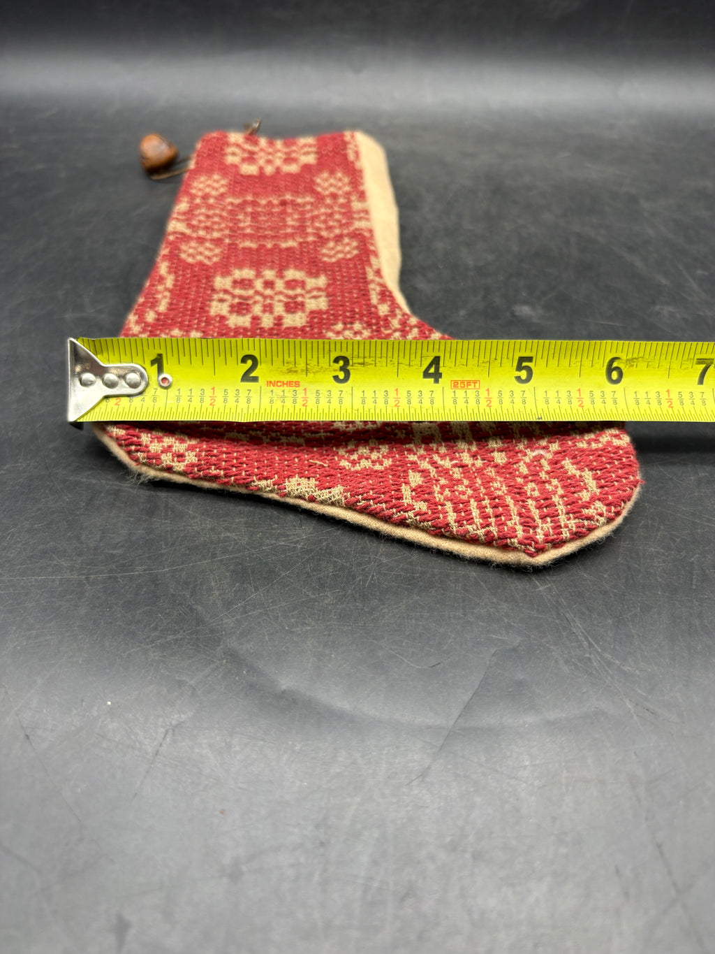 Handmade Coverlet Christmas Stocking — Medium 10" x 5" with Flannel Backing & Rusty Bell