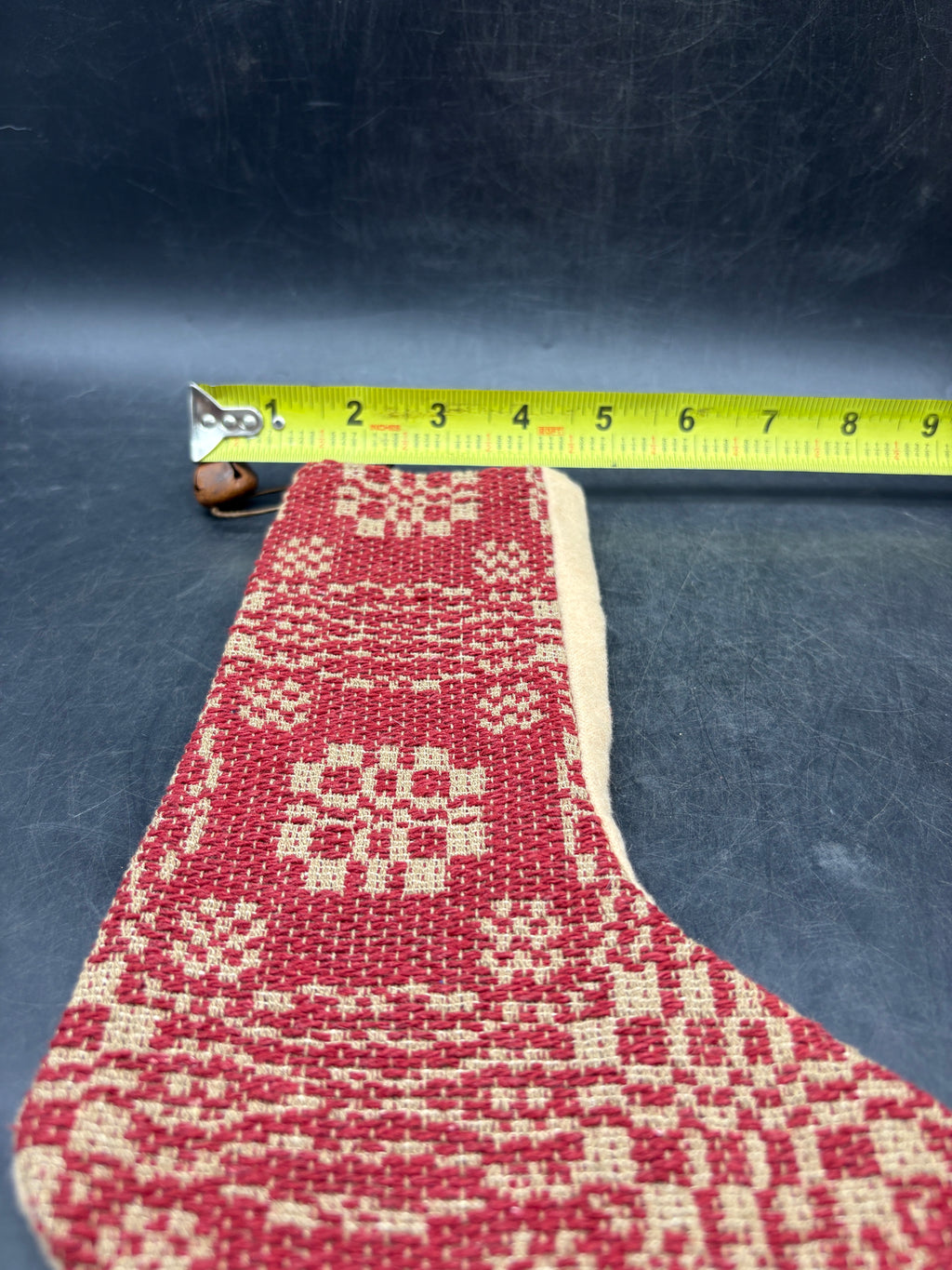Handmade Coverlet Christmas Stocking — Medium 10" x 5" with Flannel Backing & Rusty Bell