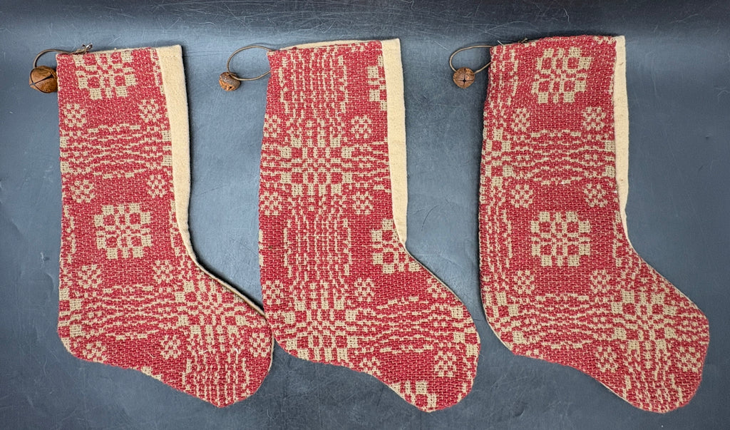 Handmade Coverlet Christmas Stocking — Medium 10" x 5" with Flannel Backing & Rusty Bell