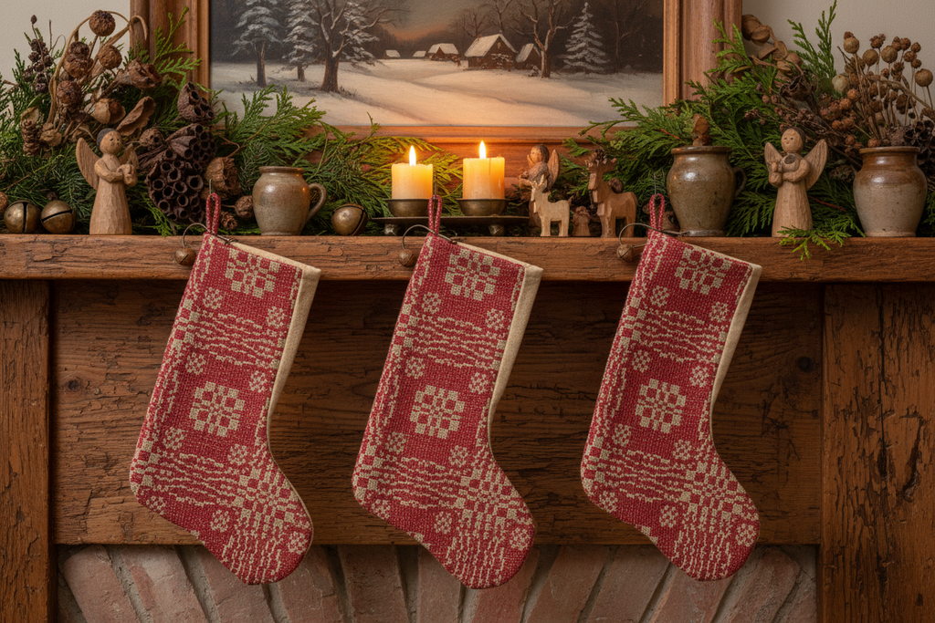 Handmade Coverlet Christmas Stocking — Medium 10" x 5" with Flannel Backing & Rusty Bell