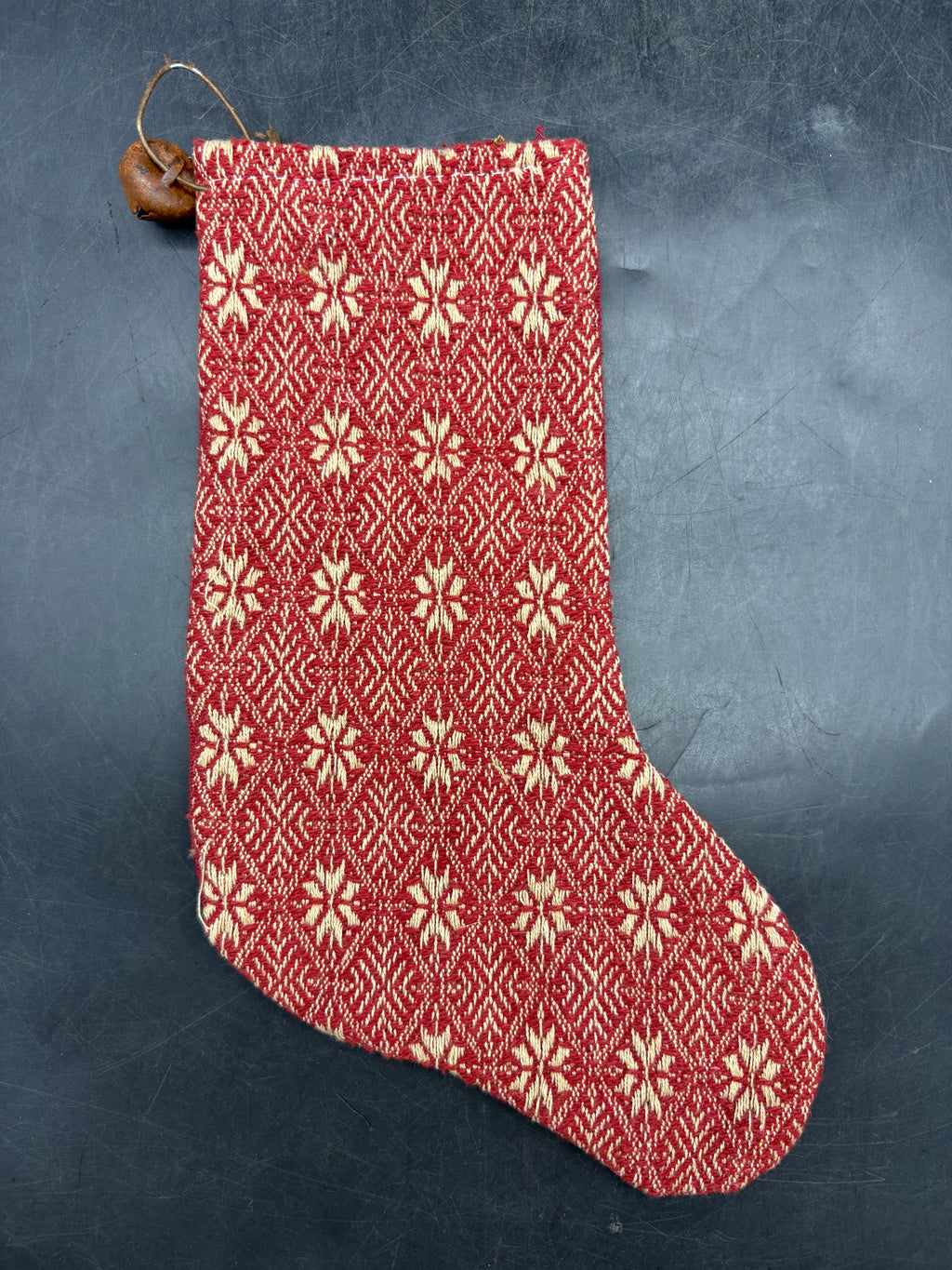 Handmade Coverlet Christmas Stocking — Medium 10" x 5" with Flannel Backing & Rusty Bell