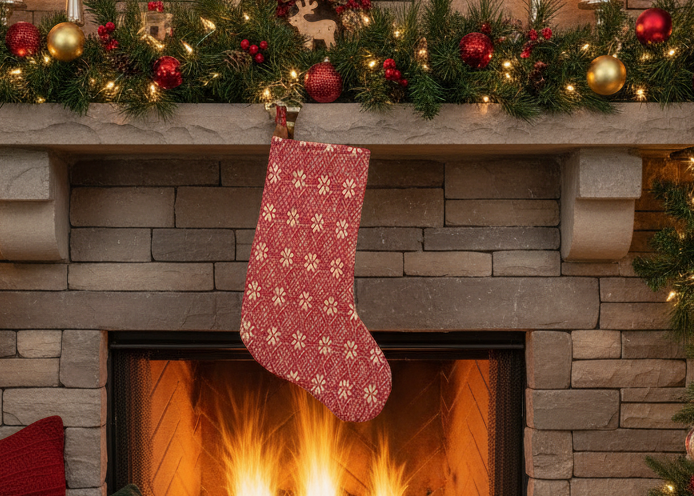 Handmade Coverlet Christmas Stocking — Medium 10" x 5" with Flannel Backing & Rusty Bell