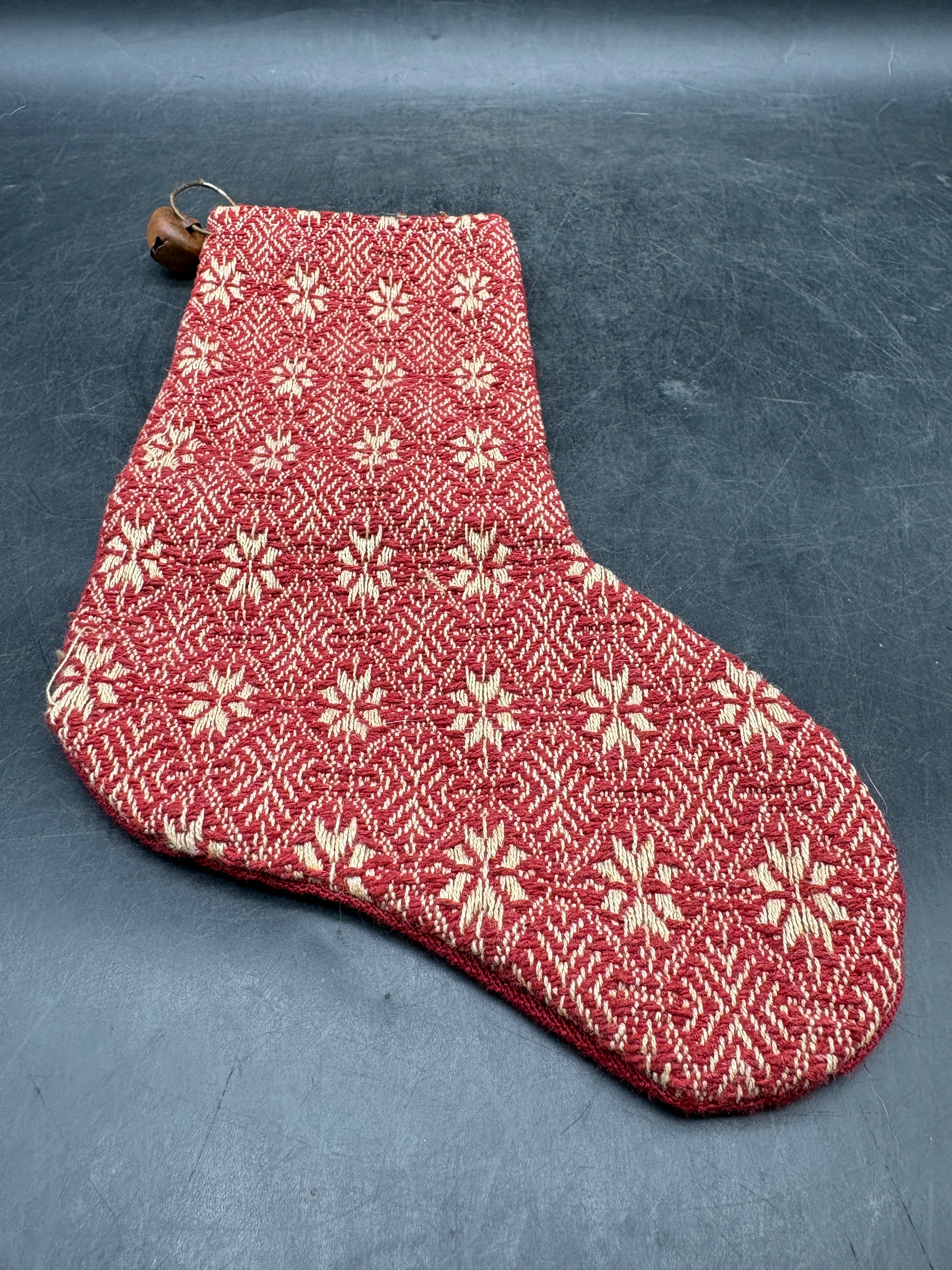 Handmade Coverlet Christmas Stocking — Medium 10" x 5" with Flannel Backing & Rusty Bell