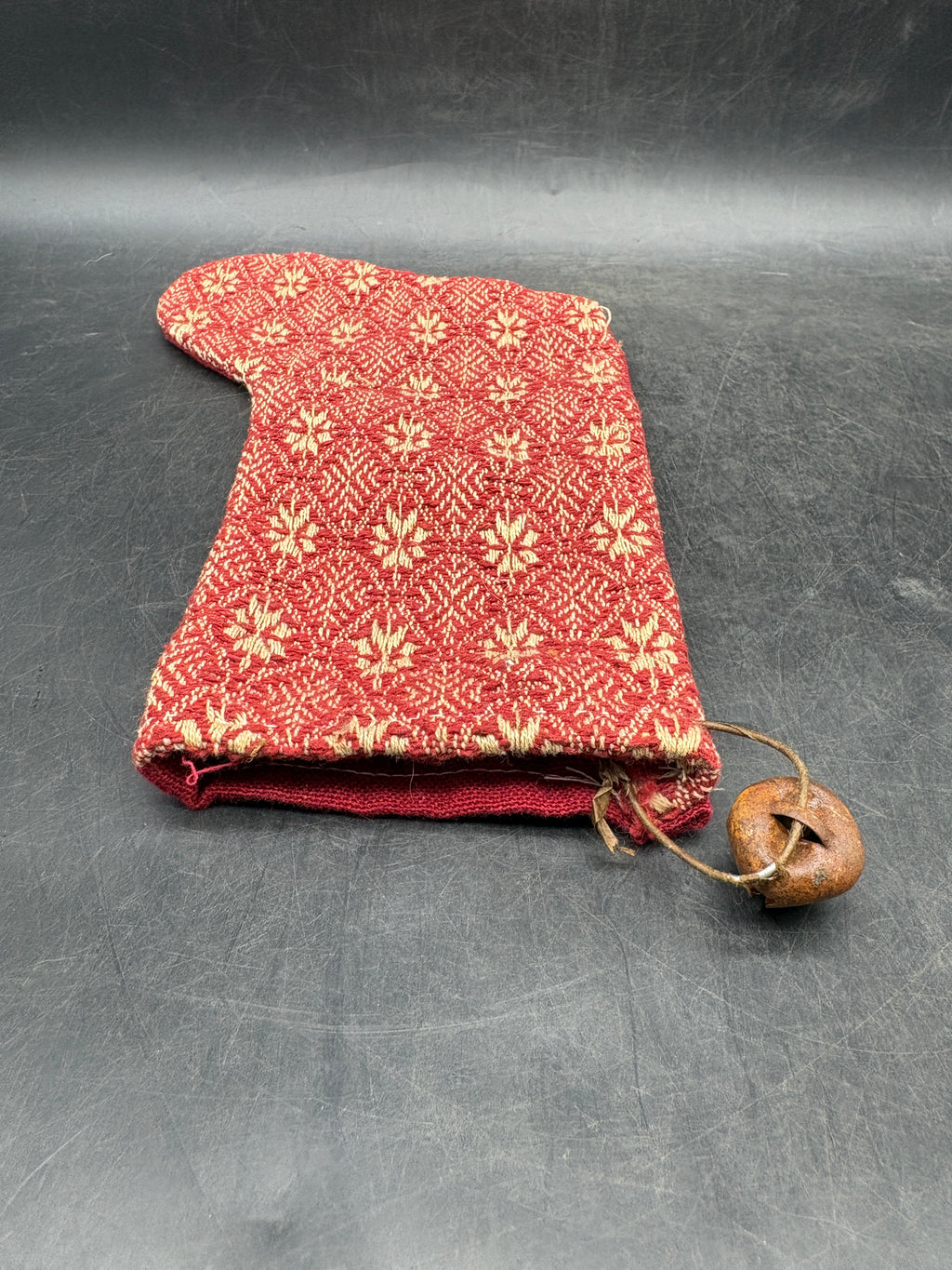 Handmade Coverlet Christmas Stocking — Medium 10" x 5" with Flannel Backing & Rusty Bell