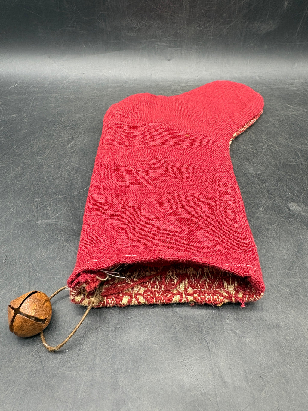 Handmade Coverlet Christmas Stocking — Medium 10" x 5" with Flannel Backing & Rusty Bell