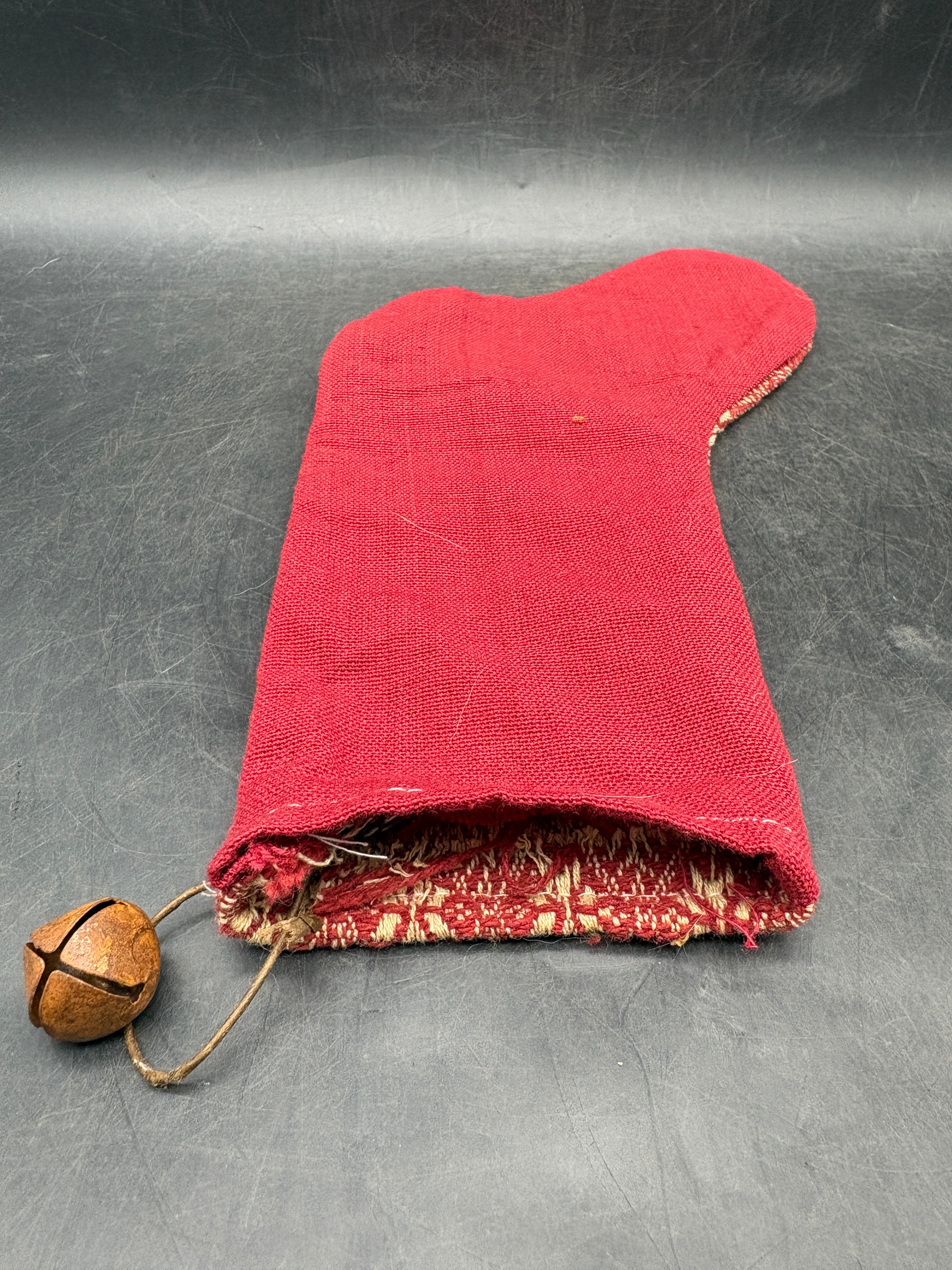 Handmade Coverlet Christmas Stocking — Medium 10" x 5" with Flannel Backing & Rusty Bell