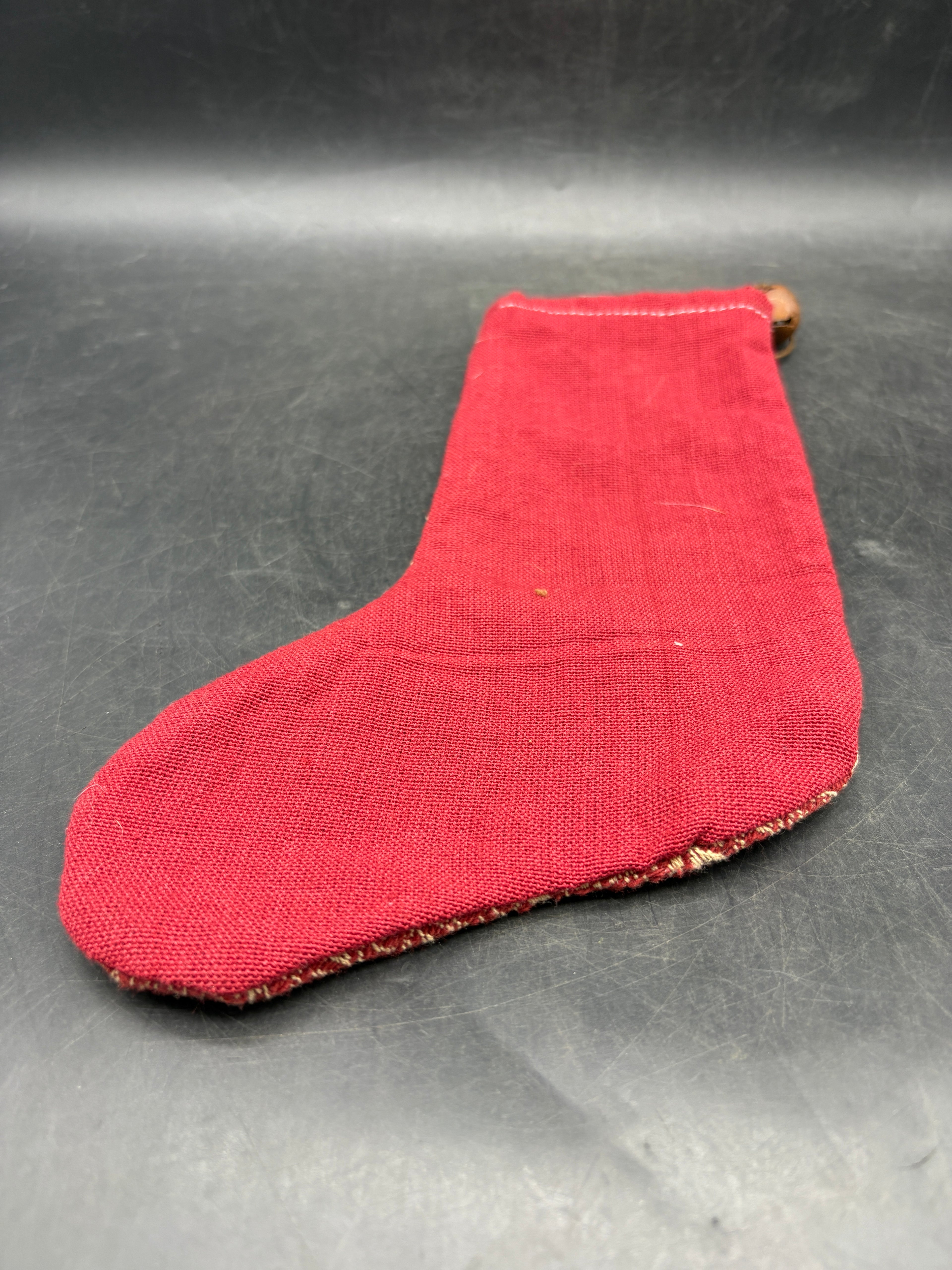 Handmade Coverlet Christmas Stocking — Medium 10" x 5" with Flannel Backing & Rusty Bell