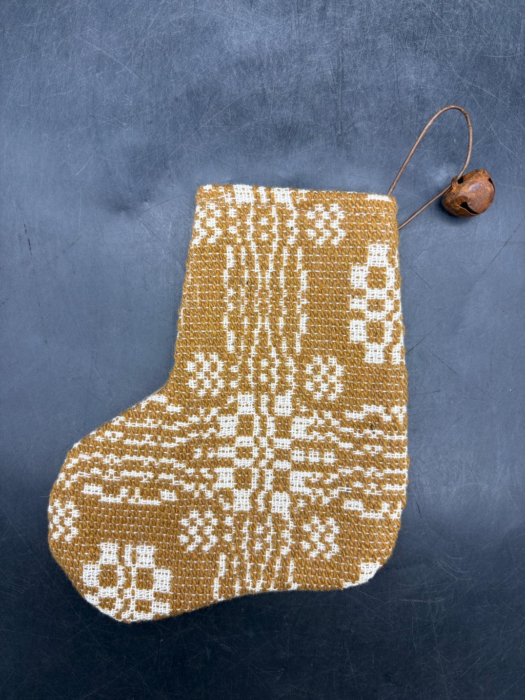 Handmade Coverlet Christmas Stocking — Small 6½" x 5" with Flannel Backing & Rusty Bell