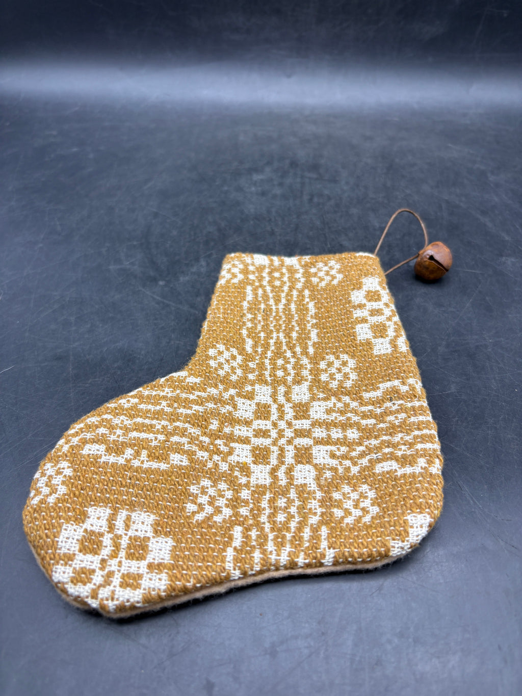 Handmade Coverlet Christmas Stocking — Small 6½" x 5" with Flannel Backing & Rusty Bell