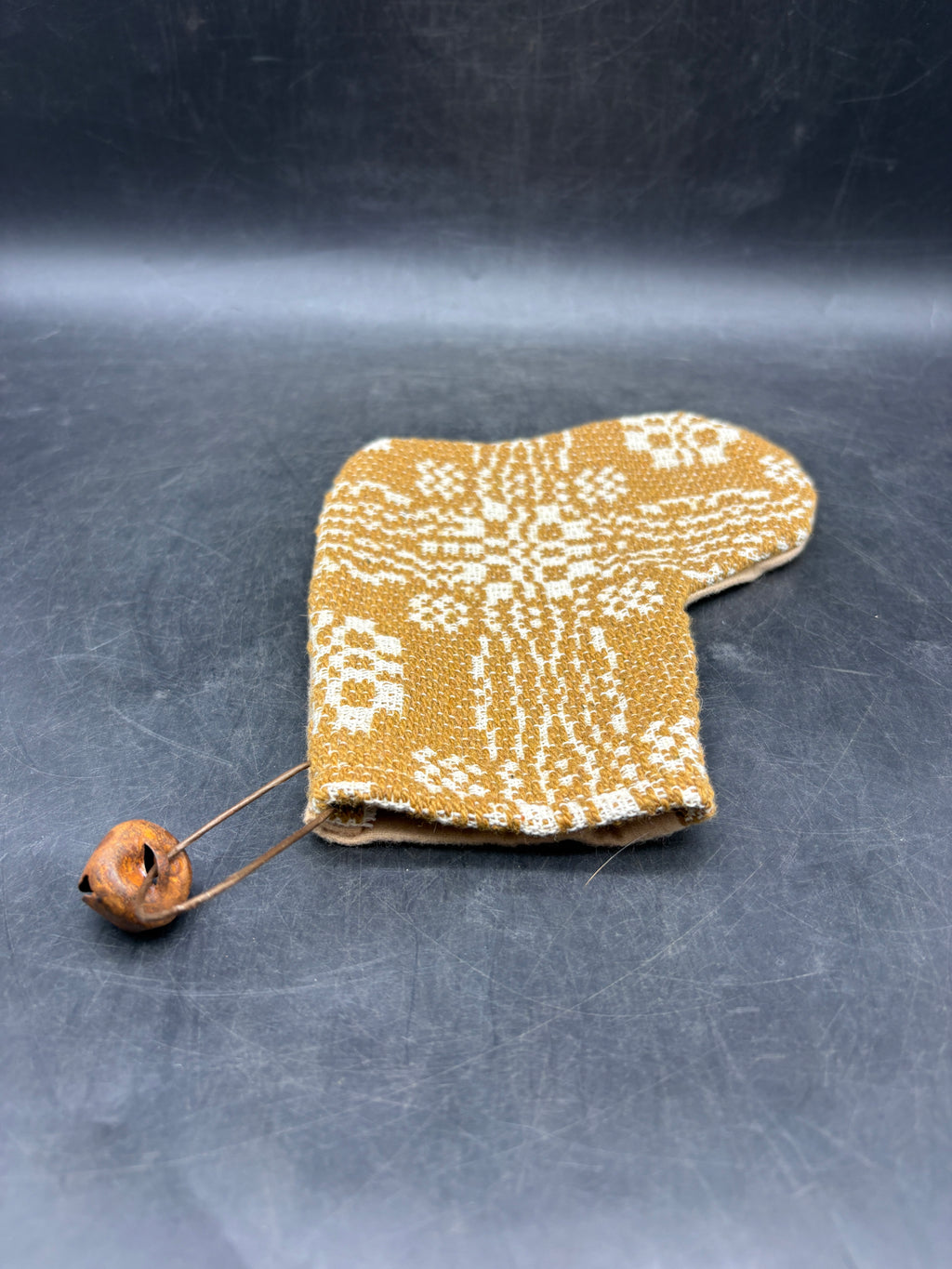Handmade Coverlet Christmas Stocking — Small 6½" x 5" with Flannel Backing & Rusty Bell