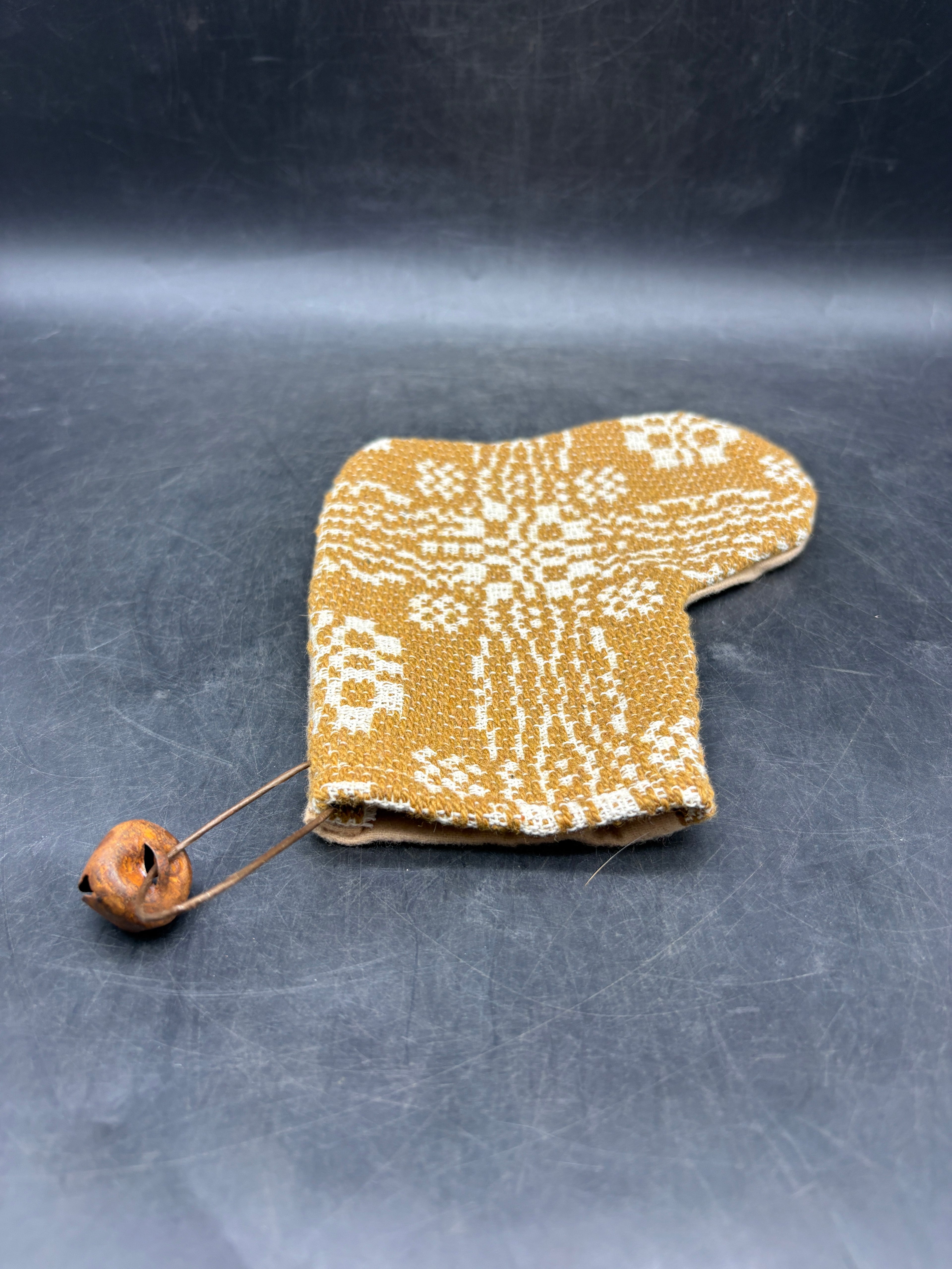 Handmade Coverlet Christmas Stocking — Small 6½" x 5" with Flannel Backing & Rusty Bell