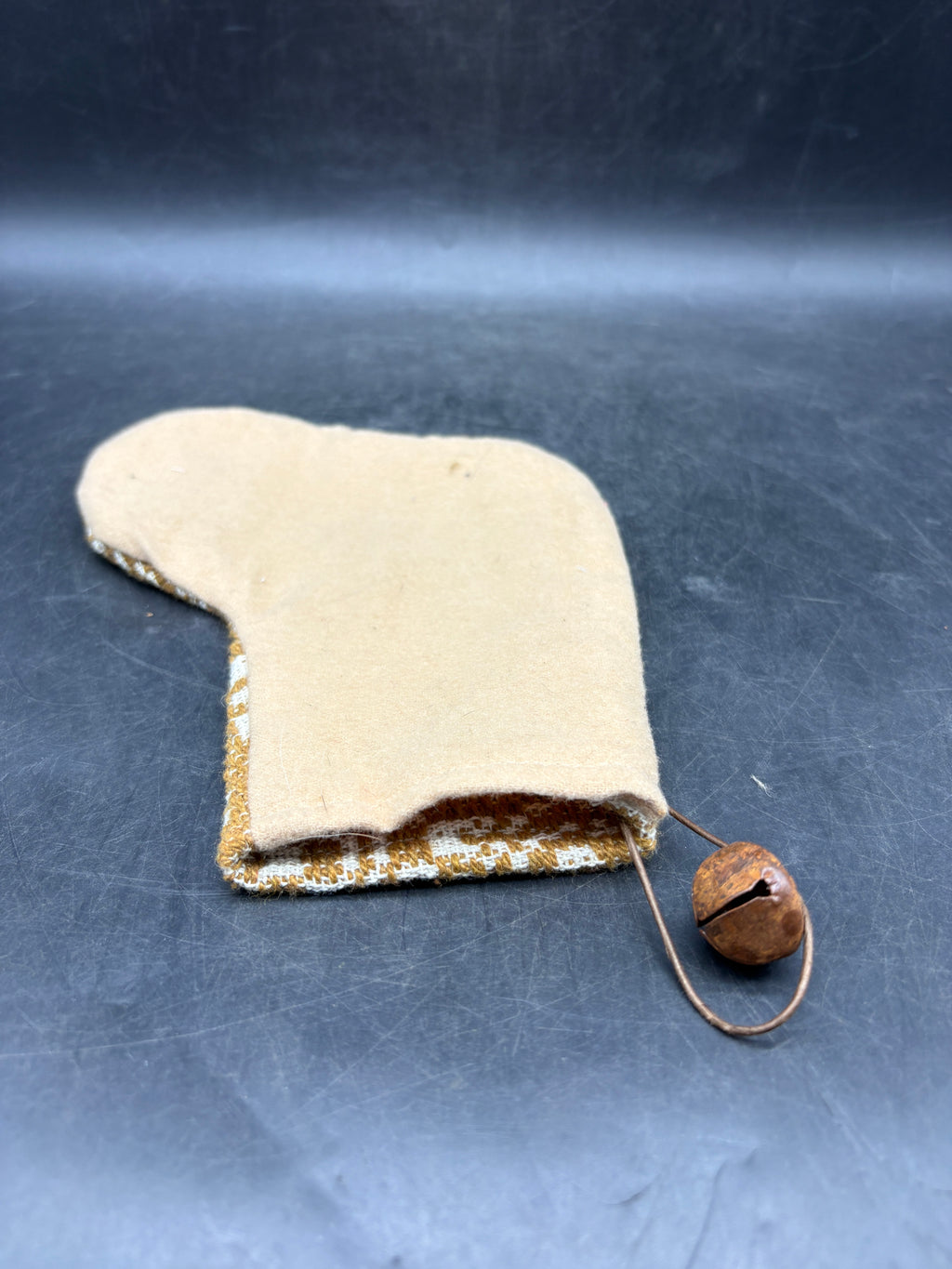 Handmade Coverlet Christmas Stocking — Small 6½" x 5" with Flannel Backing & Rusty Bell