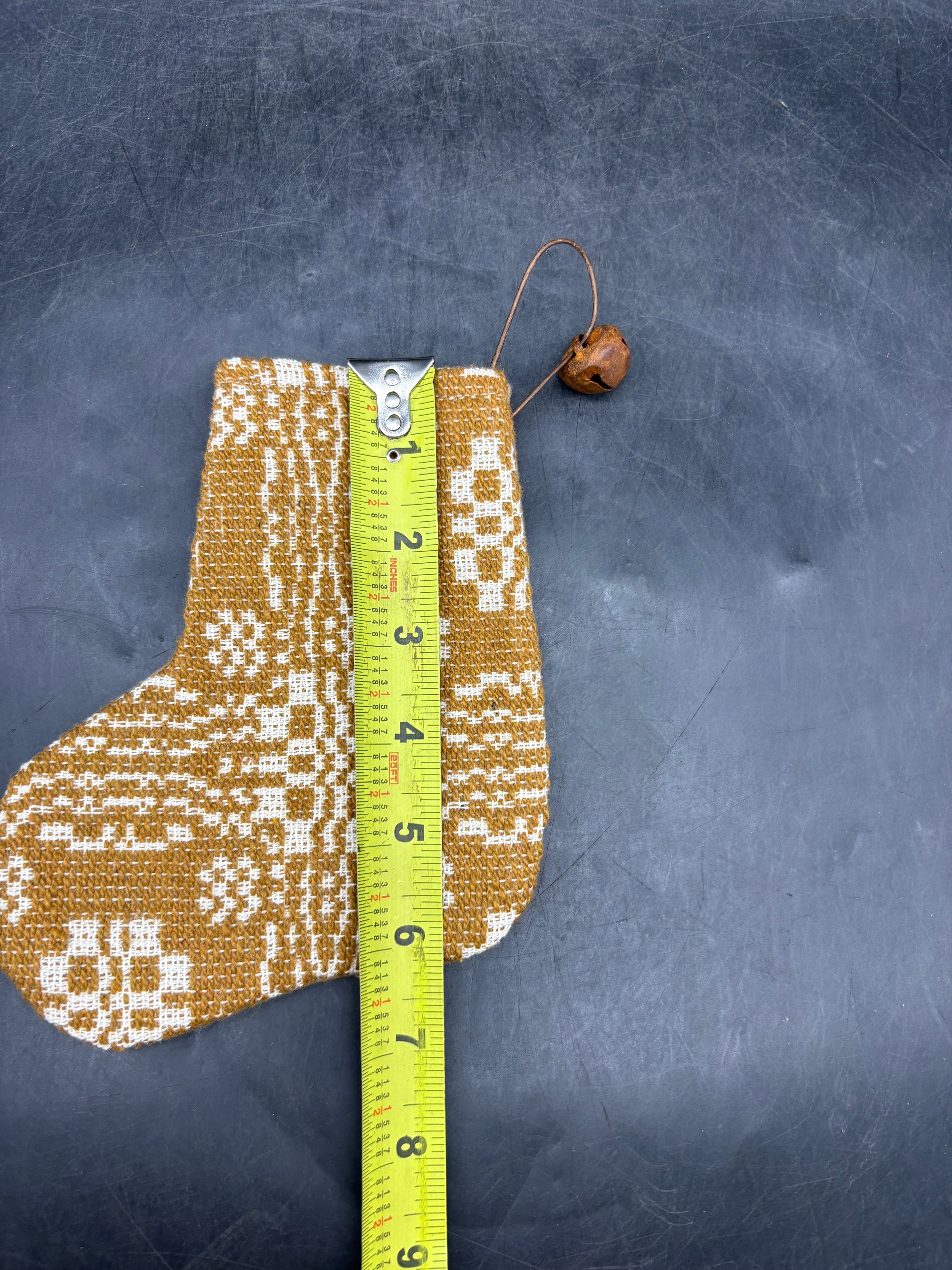 Handmade Coverlet Christmas Stocking — Small 6½" x 5" with Flannel Backing & Rusty Bell
