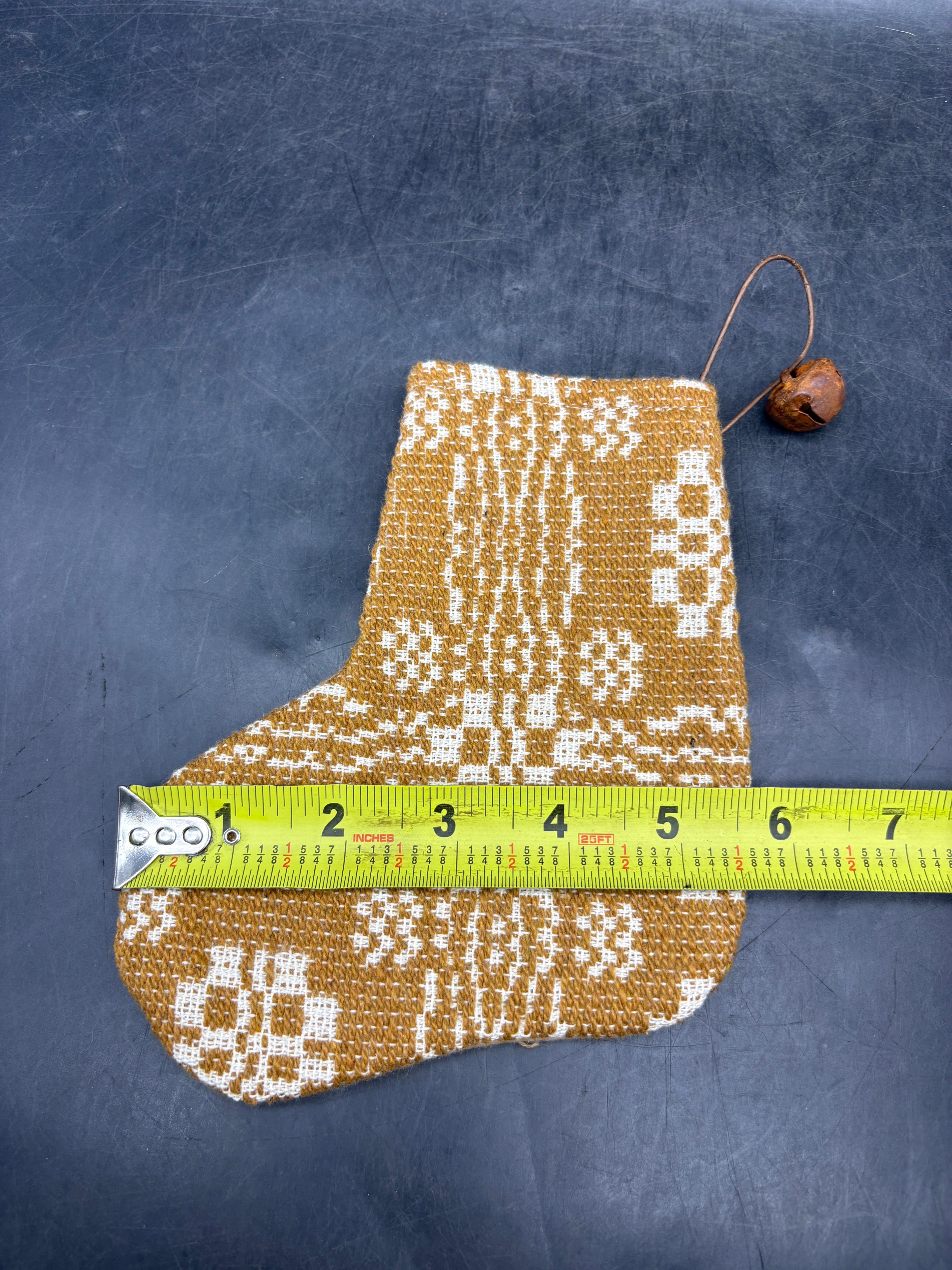 Handmade Coverlet Christmas Stocking — Small 6½" x 5" with Flannel Backing & Rusty Bell