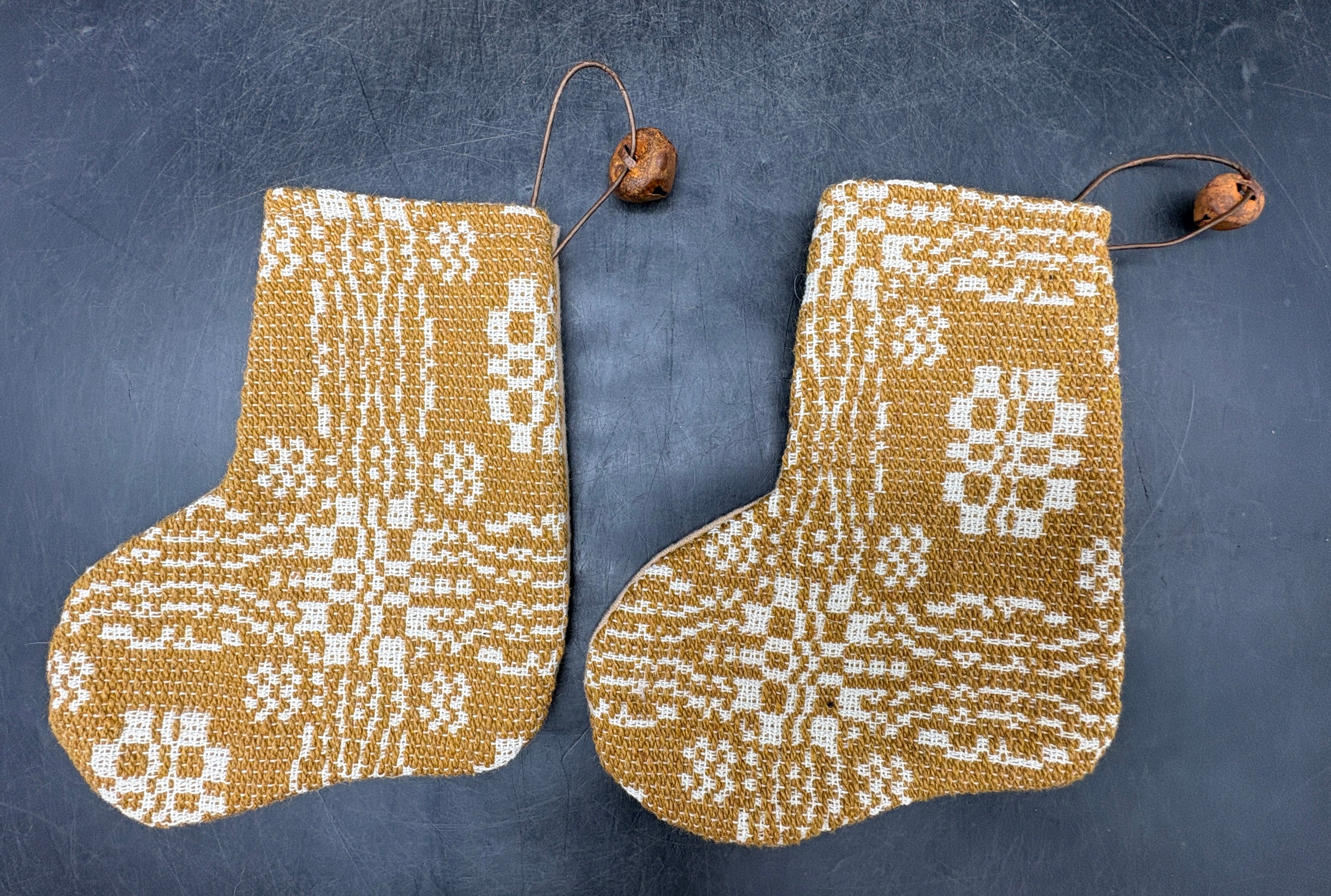 Handmade Coverlet Christmas Stocking — Small 6½" x 5" with Flannel Backing & Rusty Bell