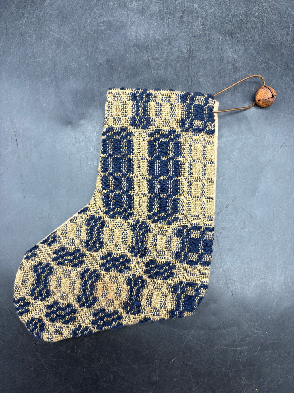 Handmade Coverlet Christmas Stocking — Small 6½" x 5" with Flannel Backing & Rusty Bell