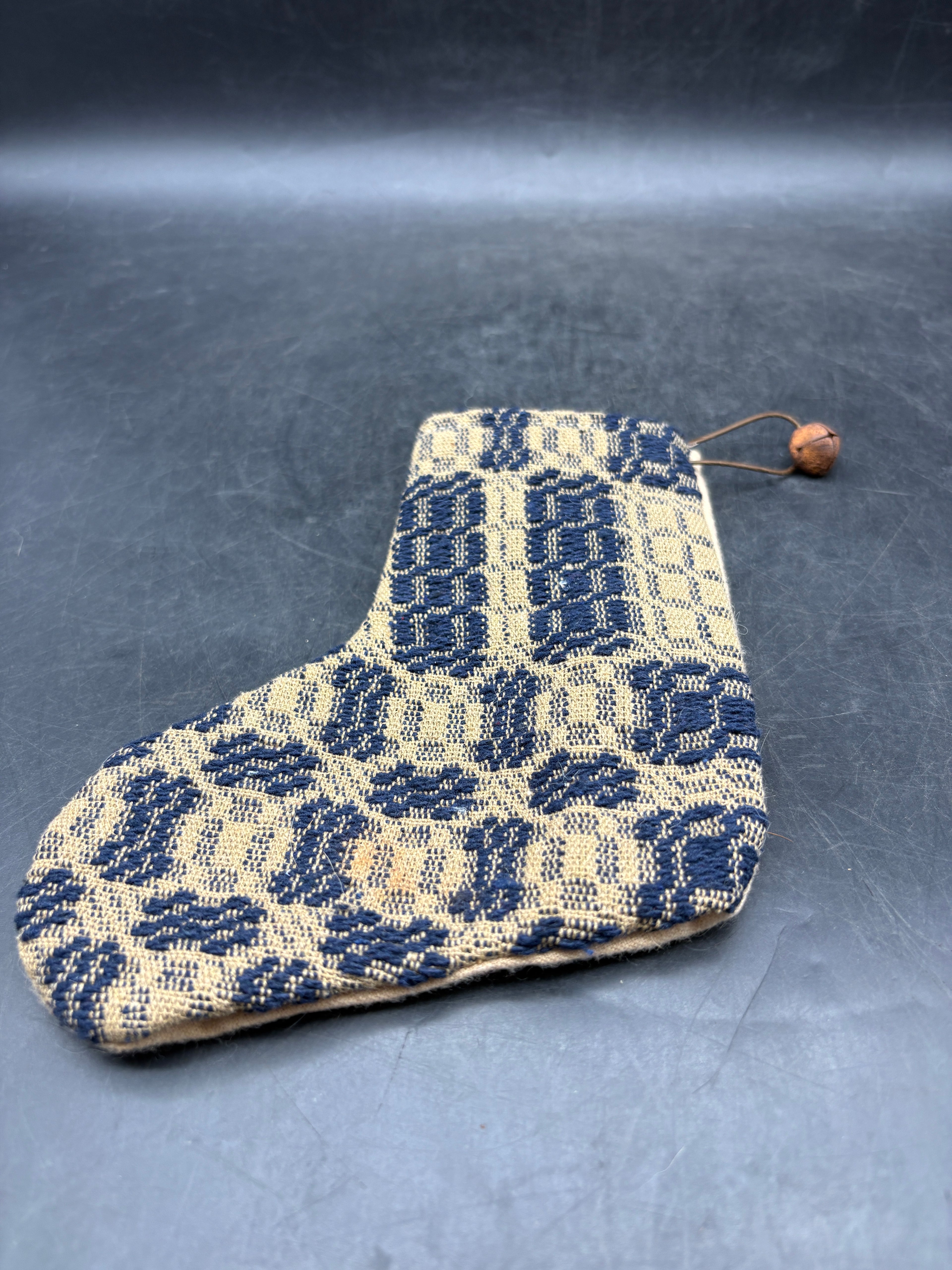Handmade Coverlet Christmas Stocking — Small 6½" x 5" with Flannel Backing & Rusty Bell