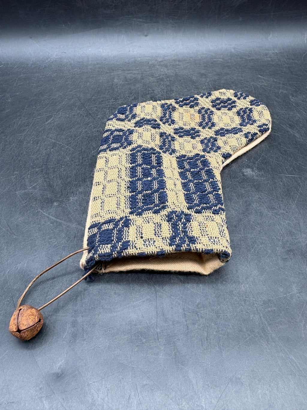 Handmade Coverlet Christmas Stocking — Small 6½" x 5" with Flannel Backing & Rusty Bell