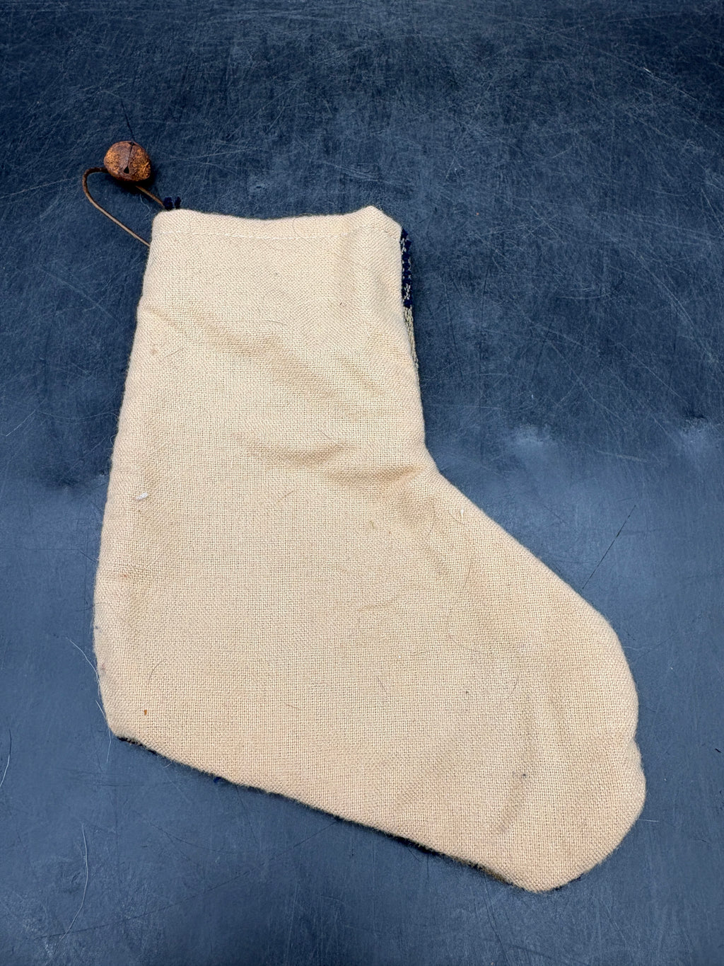 Handmade Coverlet Christmas Stocking — Small 6½" x 5" with Flannel Backing & Rusty Bell