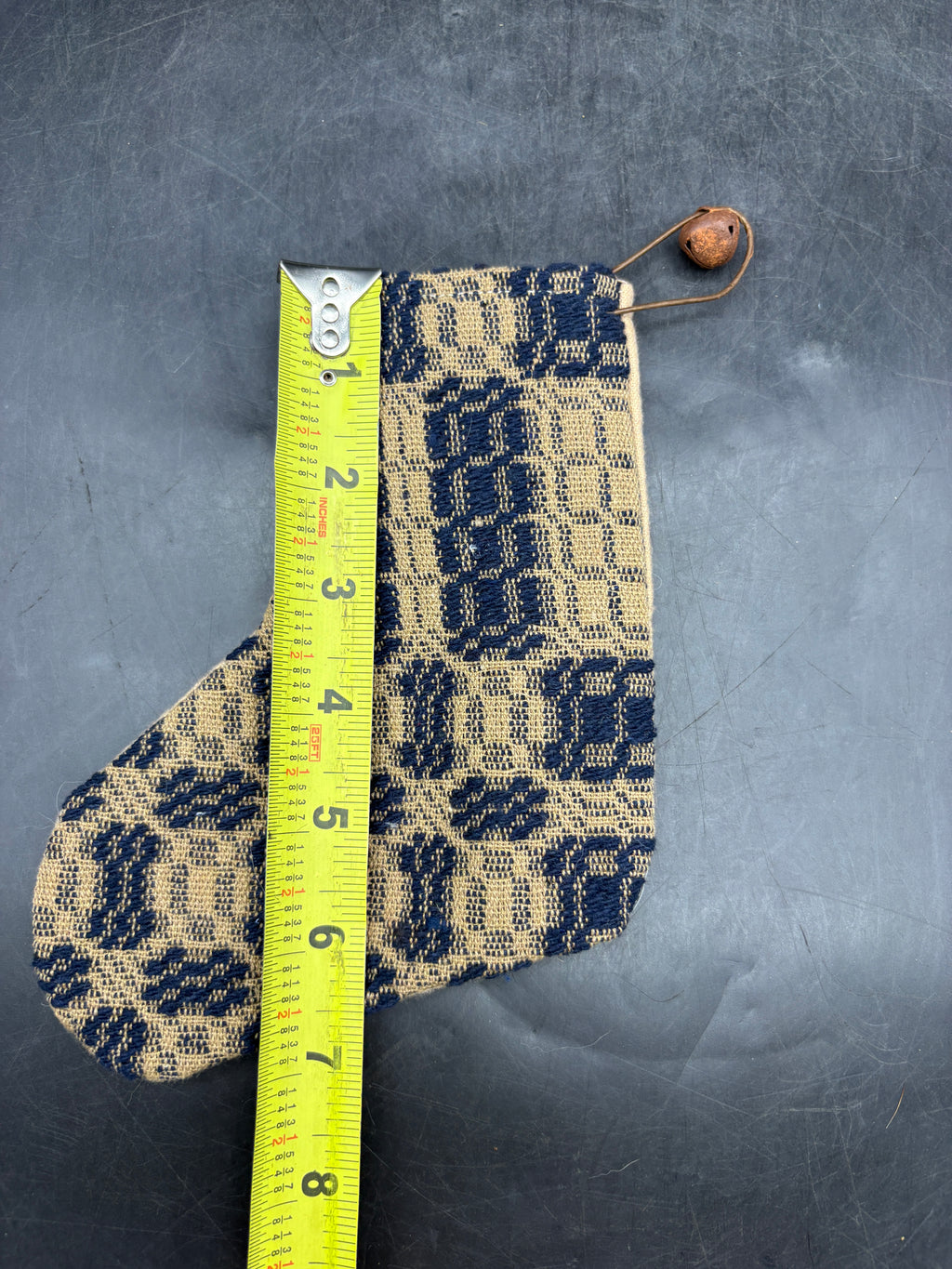 Handmade Coverlet Christmas Stocking — Small 6½" x 5" with Flannel Backing & Rusty Bell