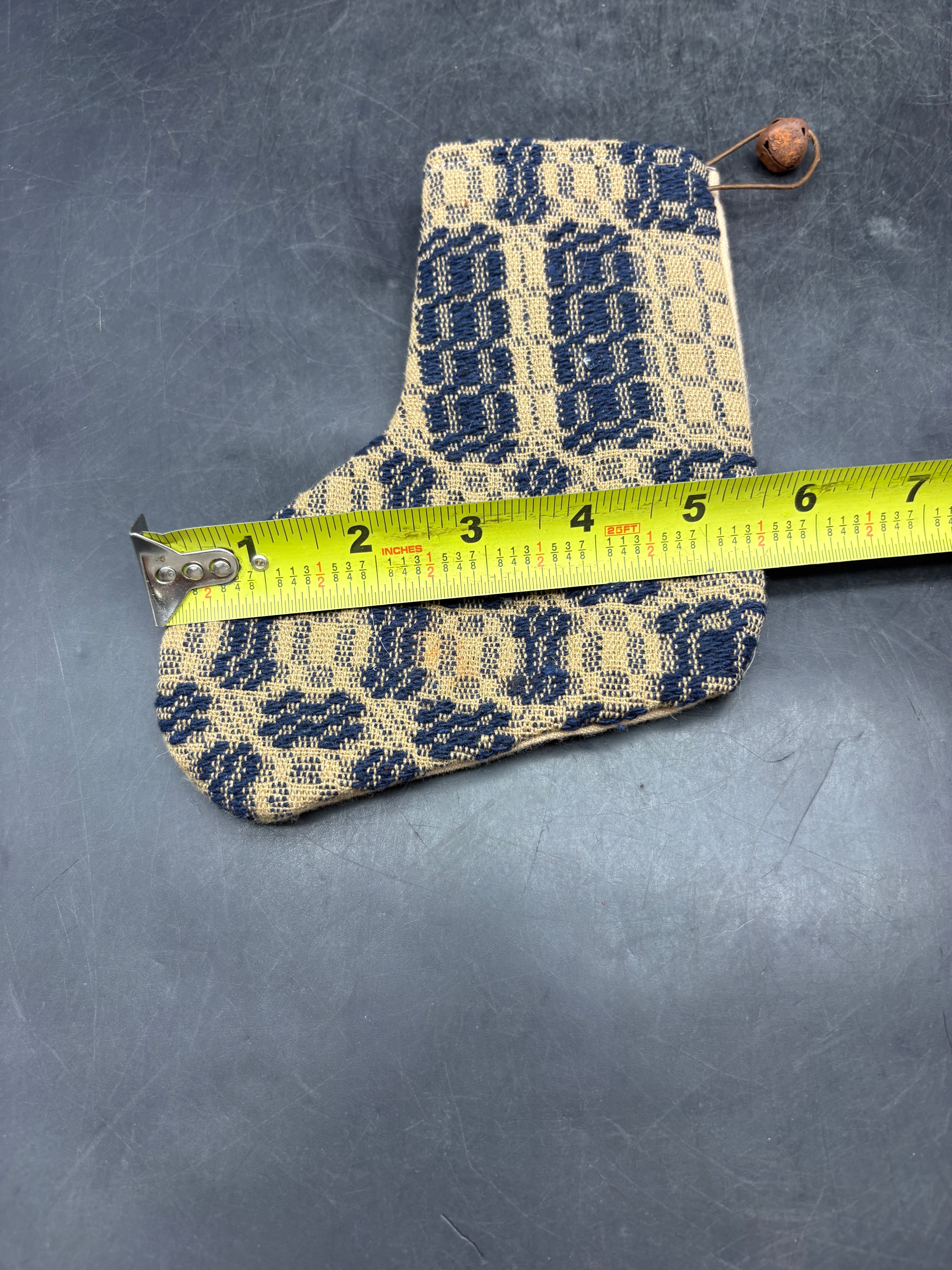 Handmade Coverlet Christmas Stocking — Small 6½" x 5" with Flannel Backing & Rusty Bell