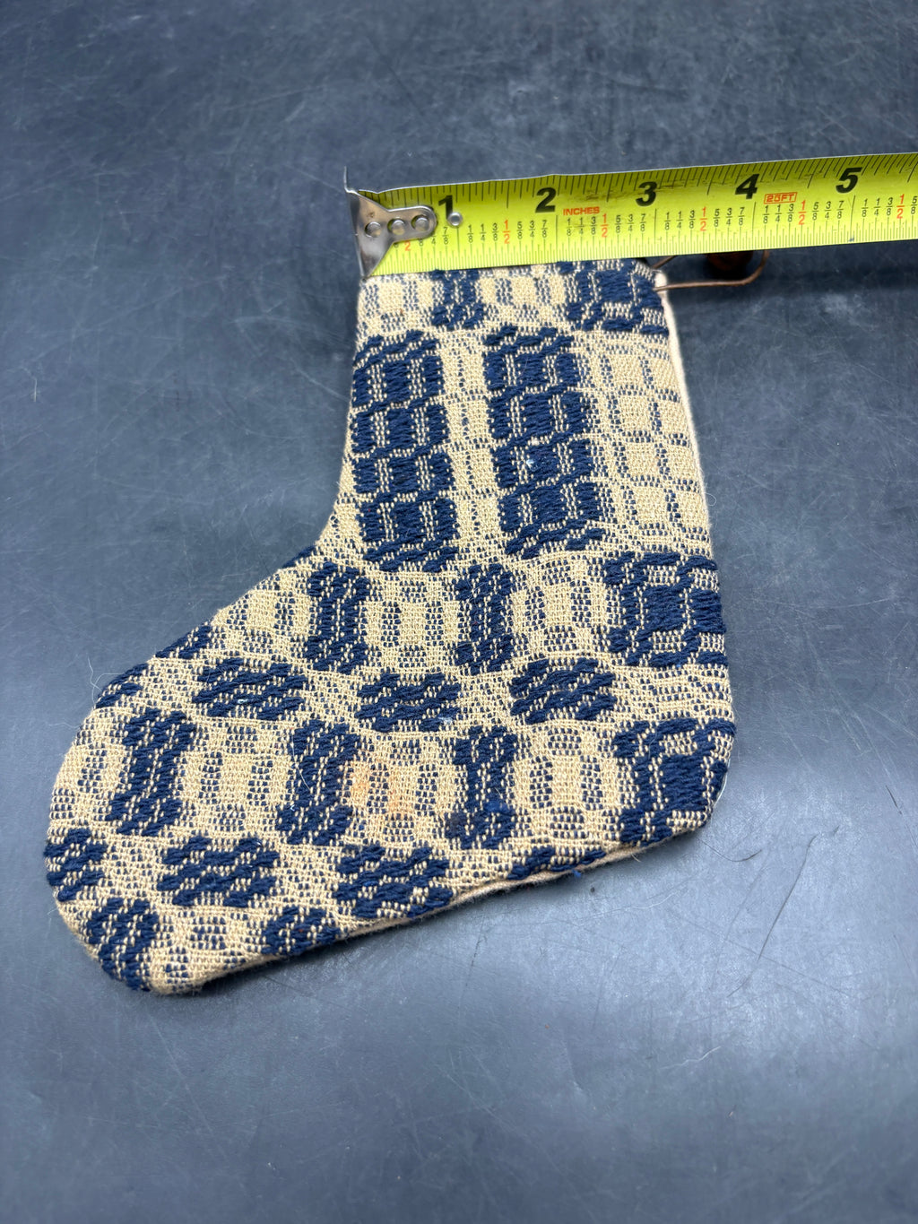 Handmade Coverlet Christmas Stocking — Small 6½" x 5" with Flannel Backing & Rusty Bell