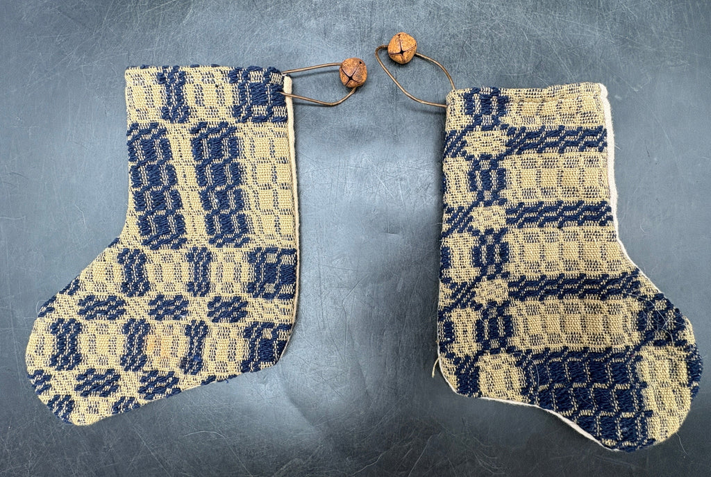 Handmade Coverlet Christmas Stocking — Small 6½" x 5" with Flannel Backing & Rusty Bell