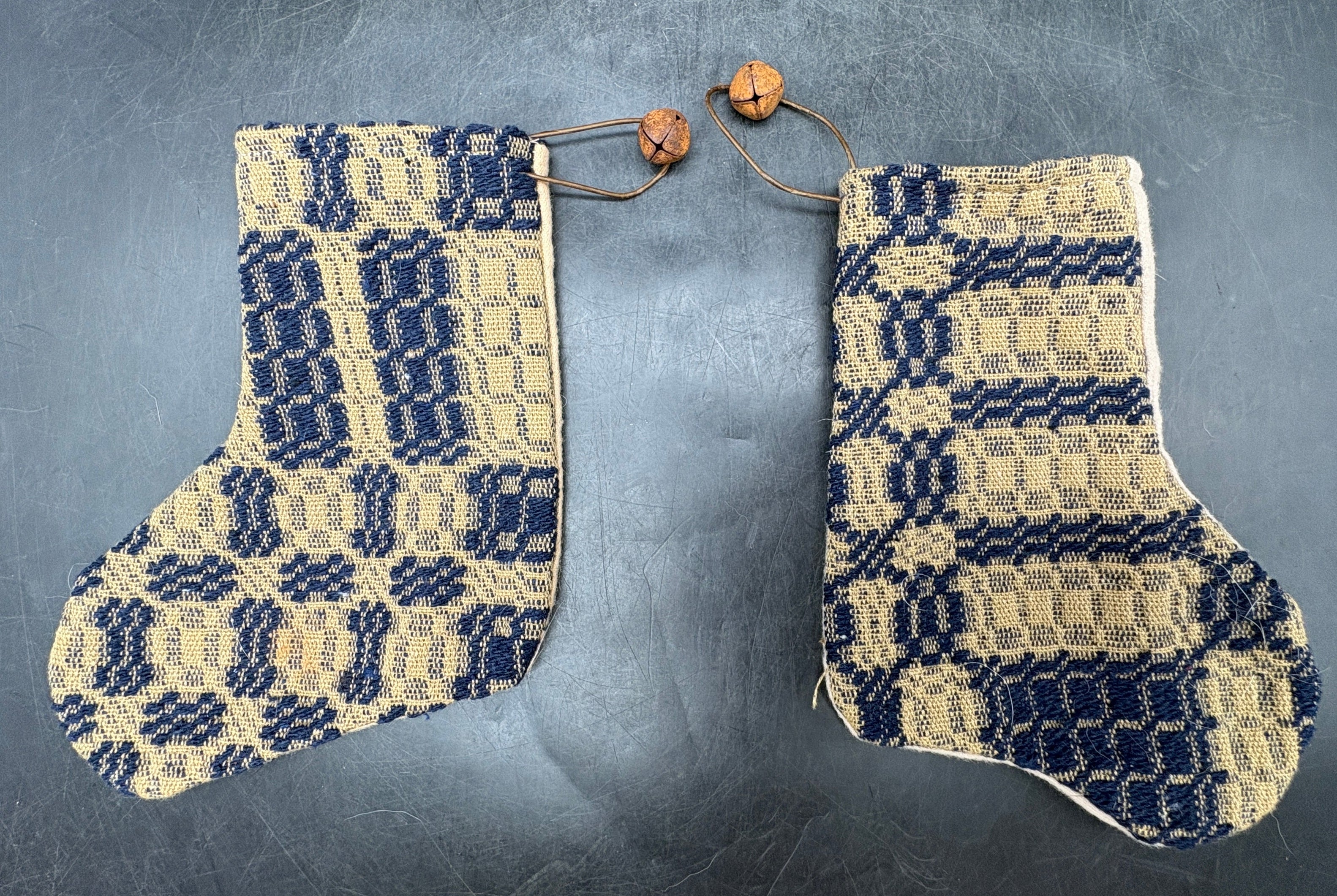 Handmade Coverlet Christmas Stocking — Small 6½" x 5" with Flannel Backing & Rusty Bell
