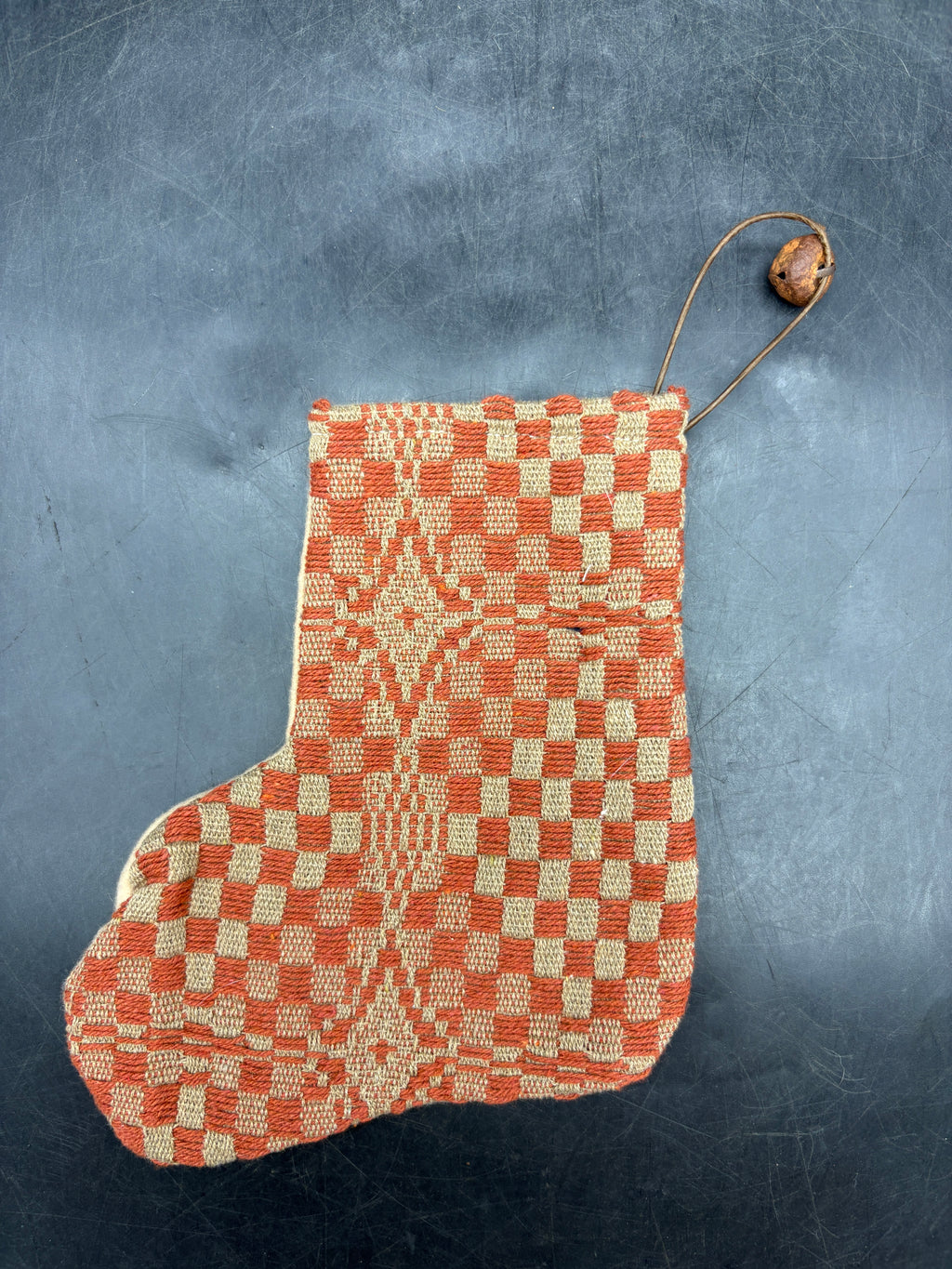 Handmade Coverlet Christmas Stocking — Small 6½" x 5" with Flannel Backing & Rusty Bell