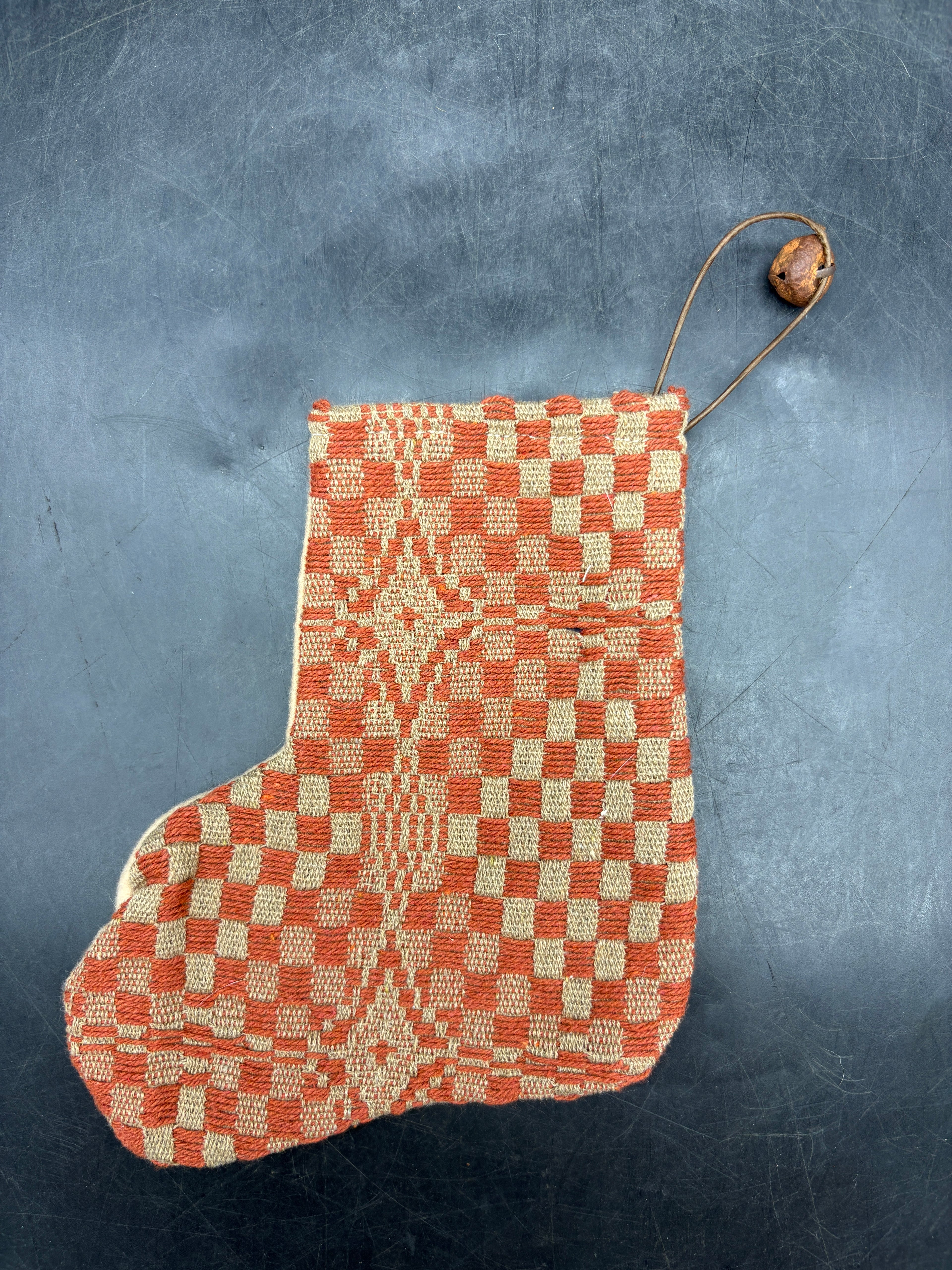 Handmade Coverlet Christmas Stocking — Small 6½" x 5" with Flannel Backing & Rusty Bell
