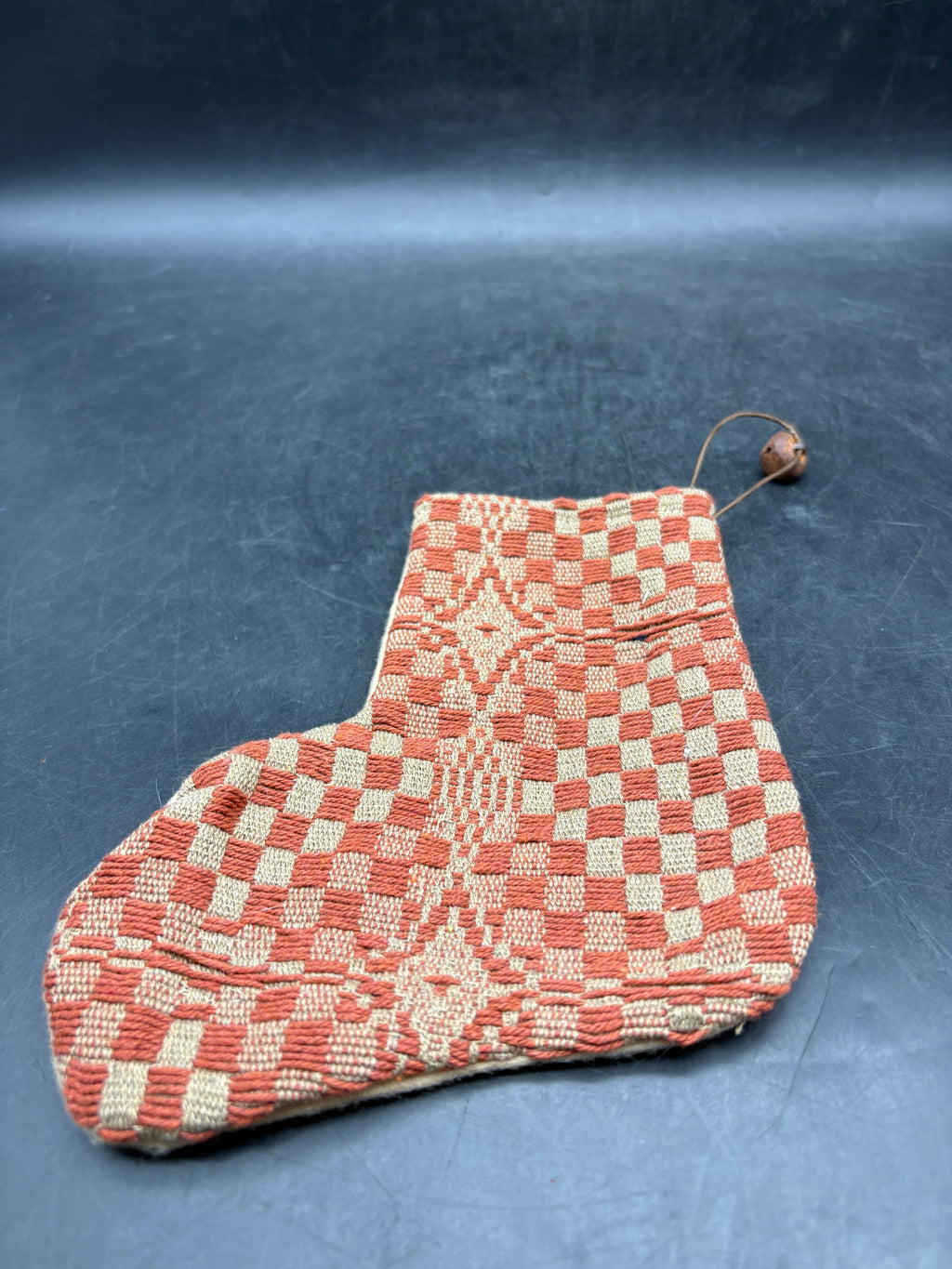 Handmade Coverlet Christmas Stocking — Small 6½" x 5" with Flannel Backing & Rusty Bell