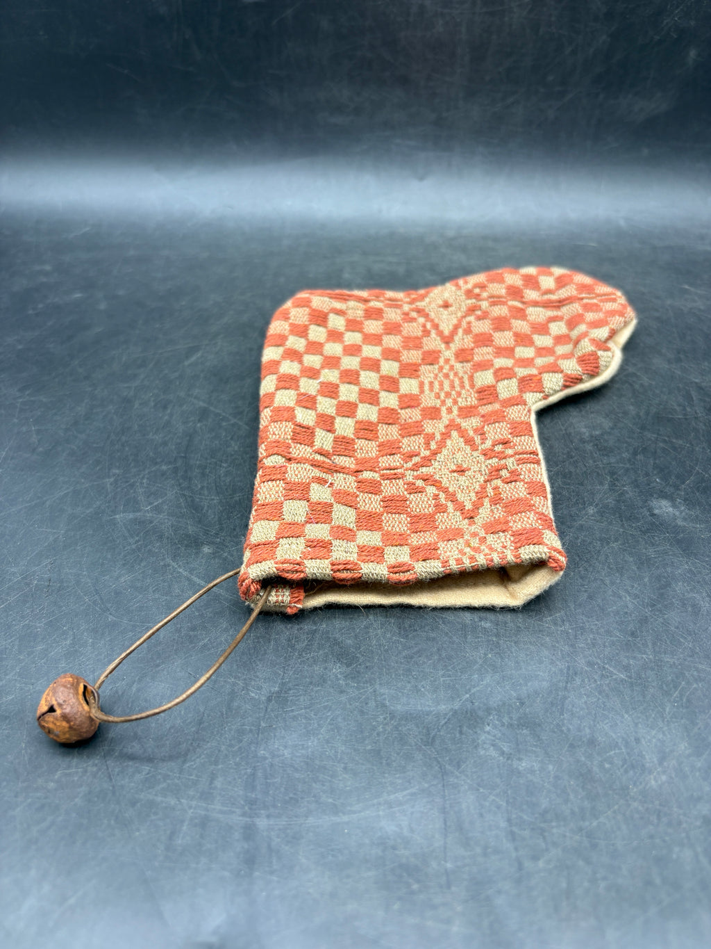 Handmade Coverlet Christmas Stocking — Small 6½" x 5" with Flannel Backing & Rusty Bell