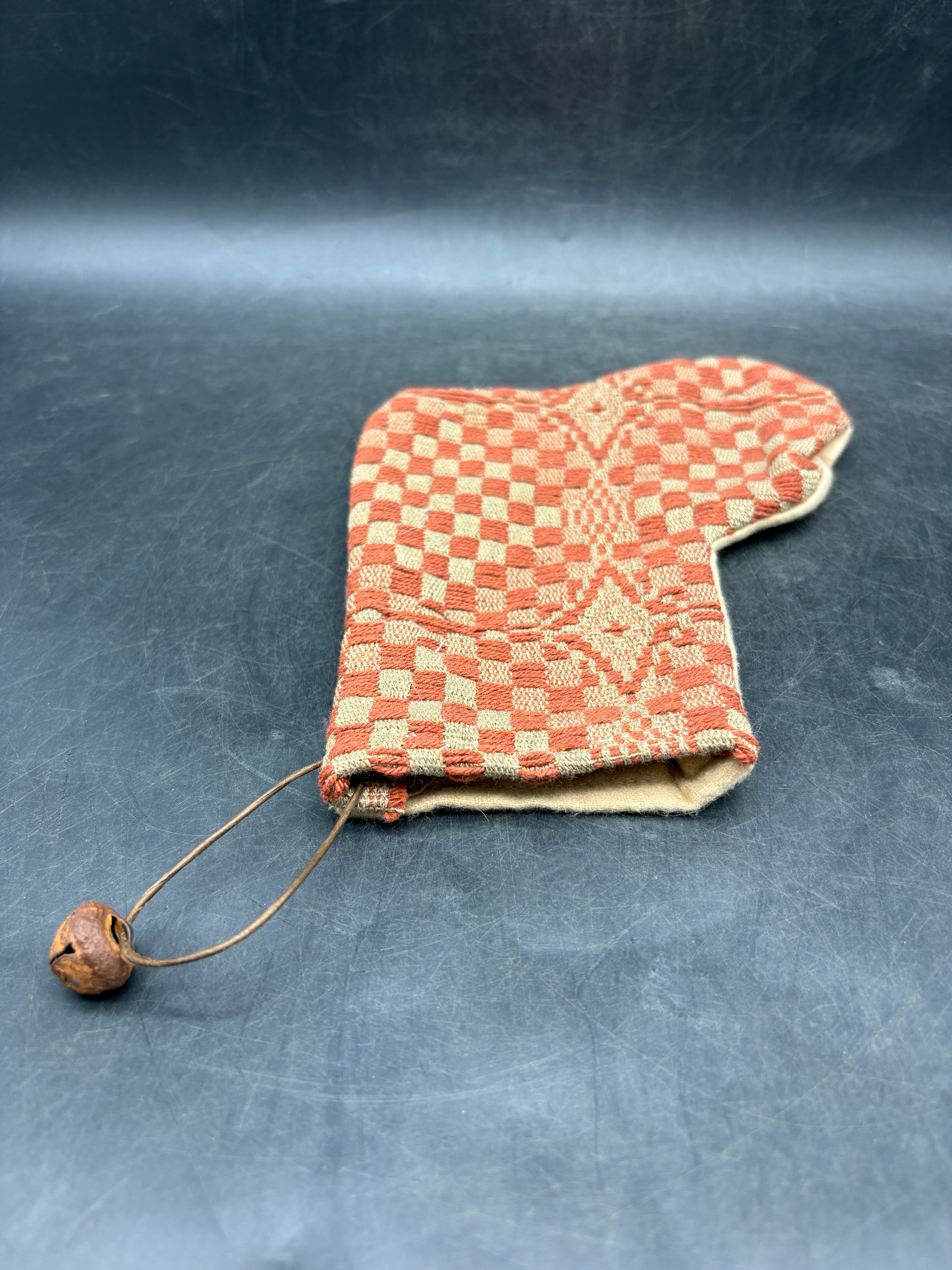 Handmade Coverlet Christmas Stocking — Small 6½" x 5" with Flannel Backing & Rusty Bell