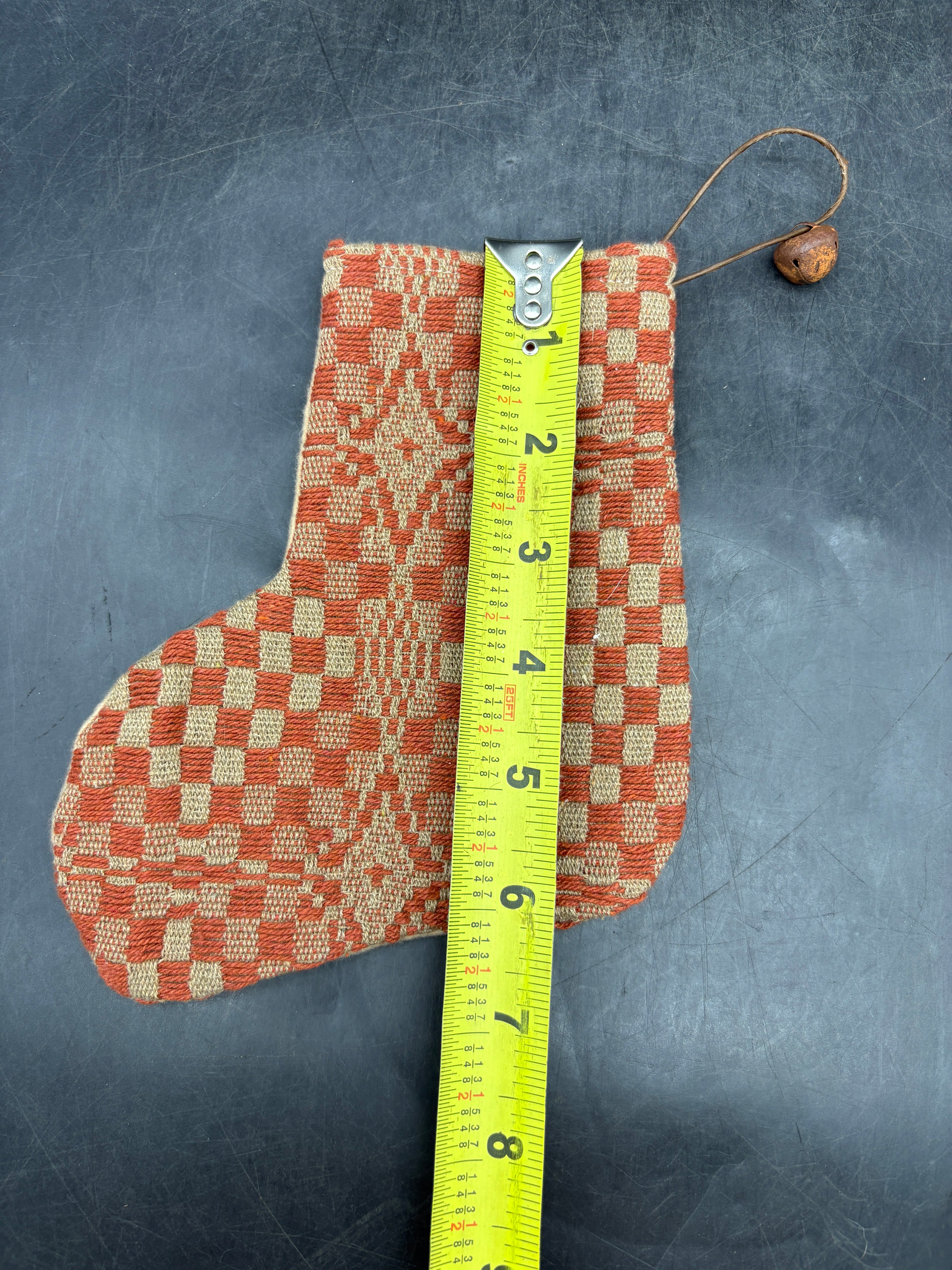 Handmade Coverlet Christmas Stocking — Small 6½" x 5" with Flannel Backing & Rusty Bell