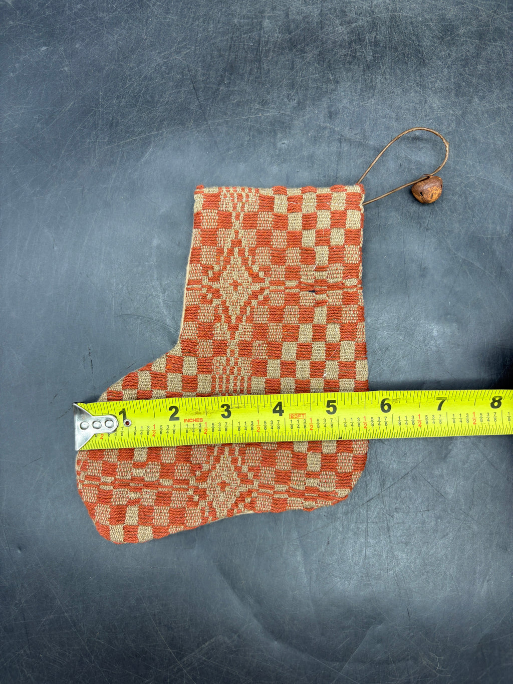 Handmade Coverlet Christmas Stocking — Small 6½" x 5" with Flannel Backing & Rusty Bell