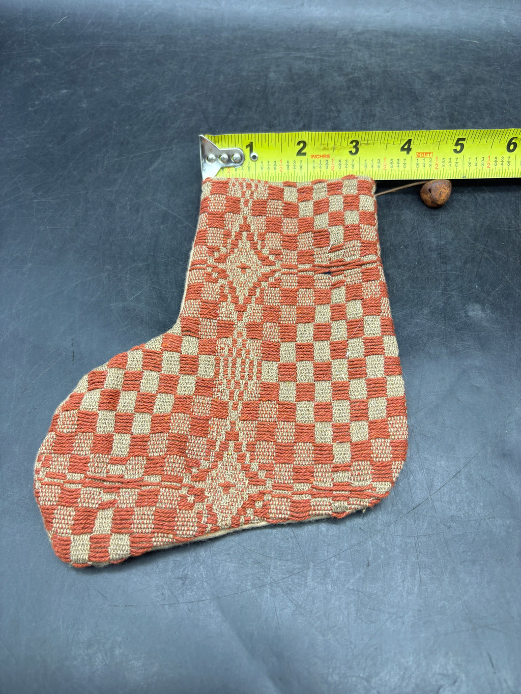 Handmade Coverlet Christmas Stocking — Small 6½" x 5" with Flannel Backing & Rusty Bell