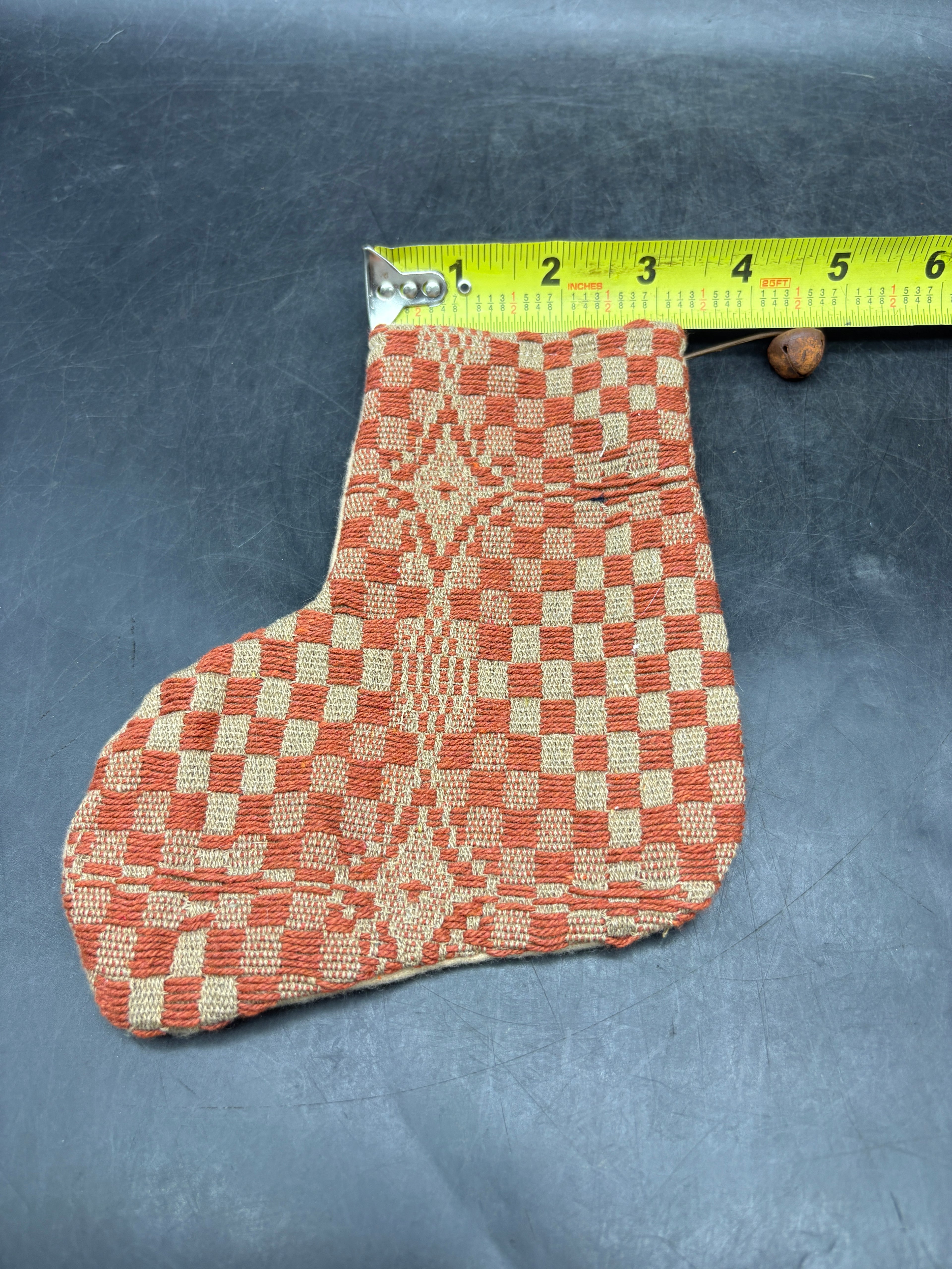 Handmade Coverlet Christmas Stocking — Small 6½" x 5" with Flannel Backing & Rusty Bell