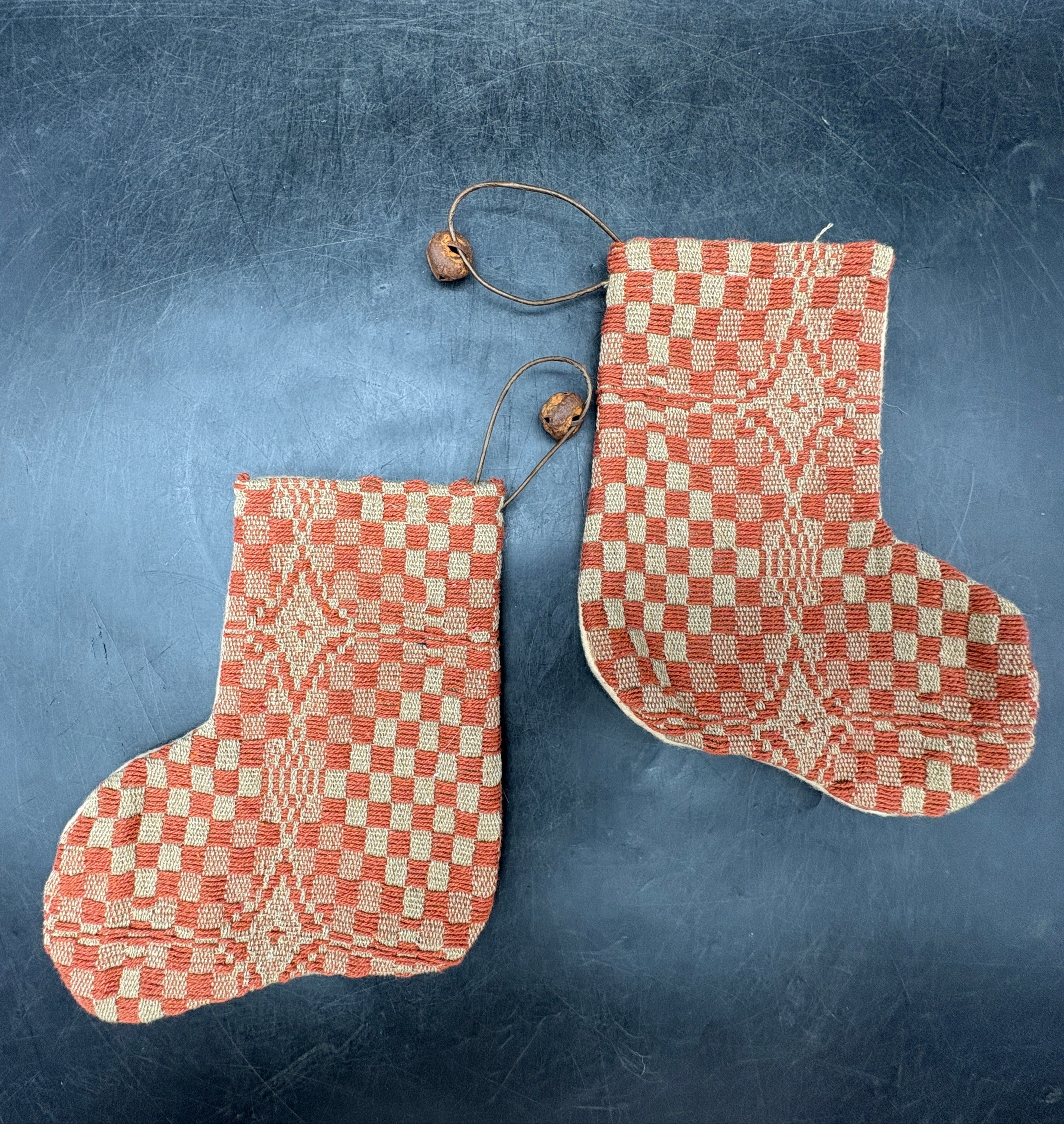 Handmade Coverlet Christmas Stocking — Small 6½" x 5" with Flannel Backing & Rusty Bell