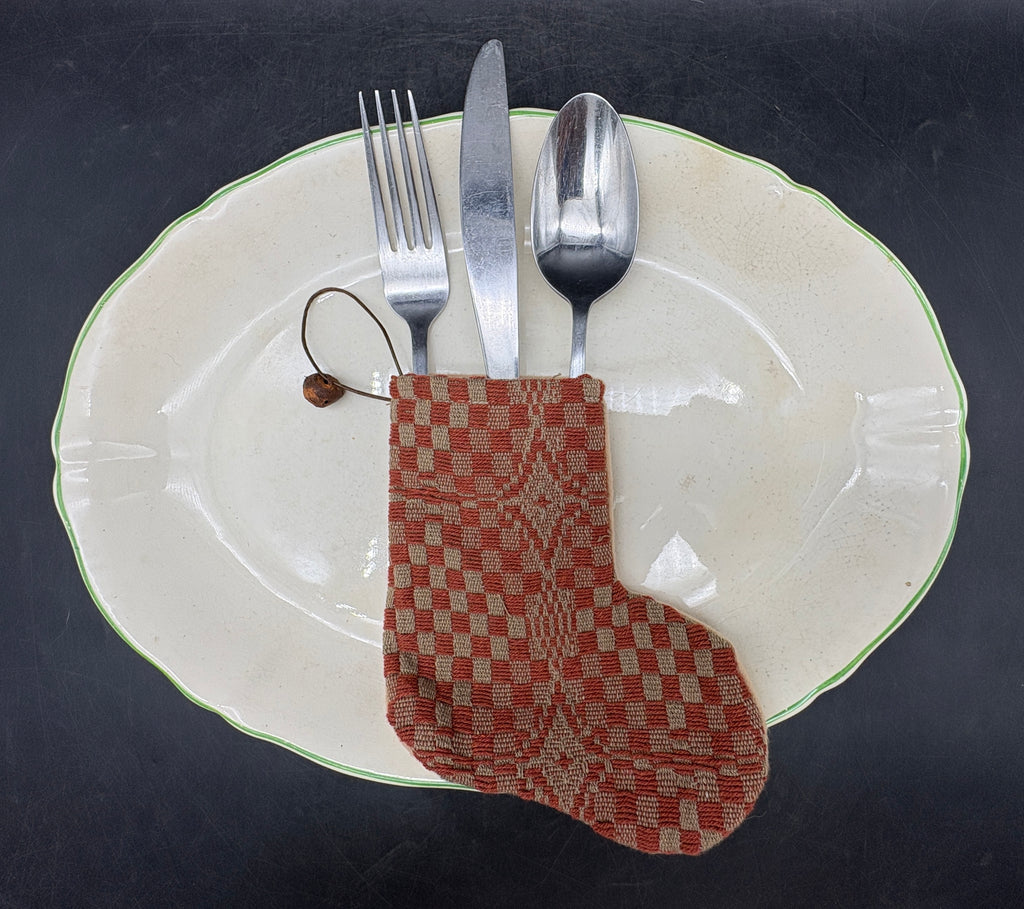Handmade Coverlet Christmas Stocking — Small 6½" x 5" with Flannel Backing & Rusty Bell
