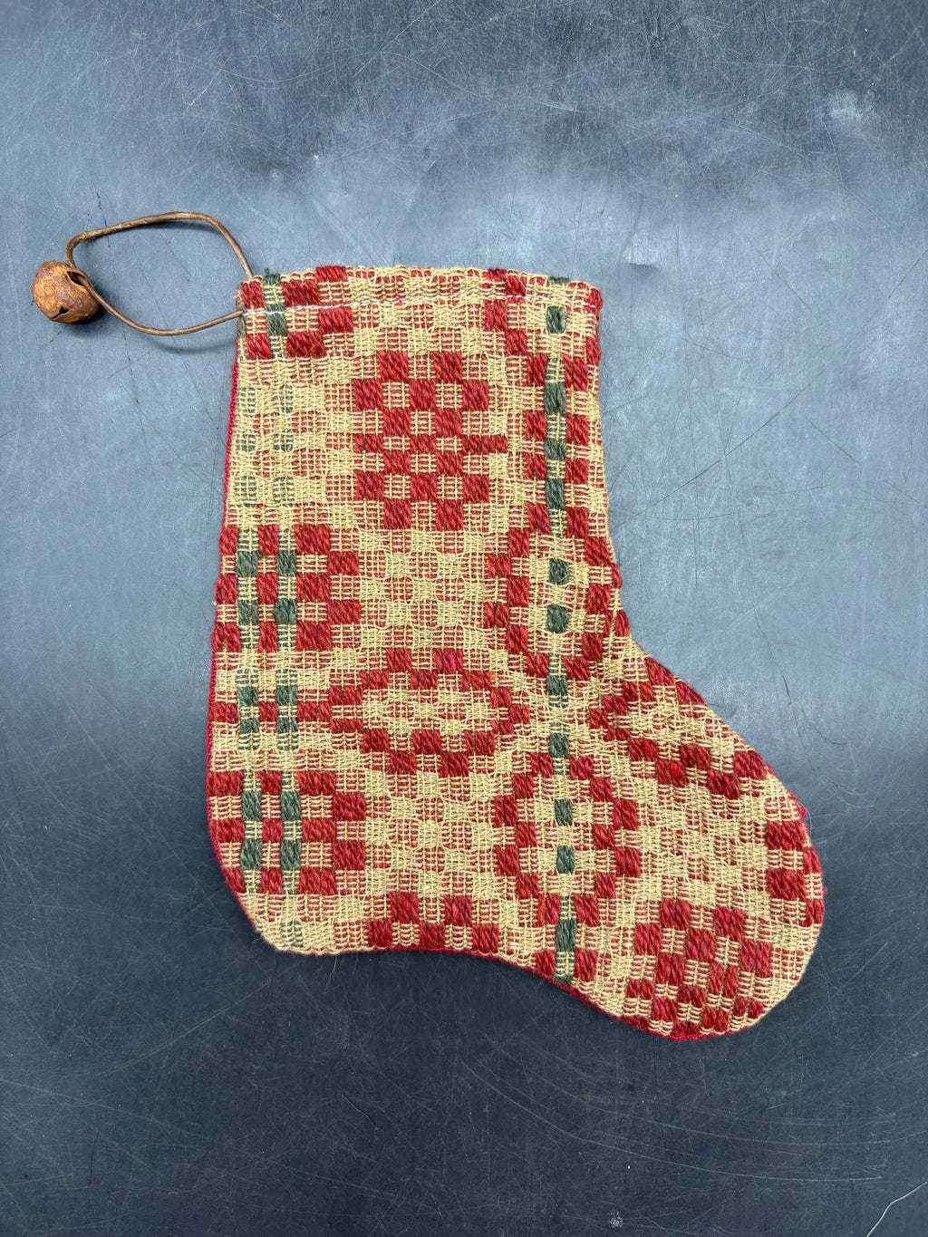 Handmade Coverlet Christmas Stocking — Small 6½" x 5" with Flannel Backing & Rusty Bell