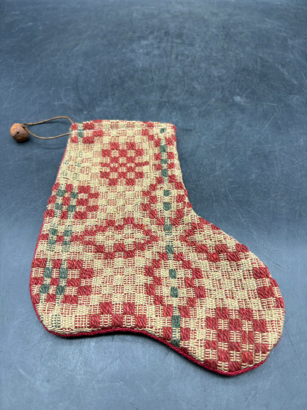 Handmade Coverlet Christmas Stocking — Small 6½" x 5" with Flannel Backing & Rusty Bell