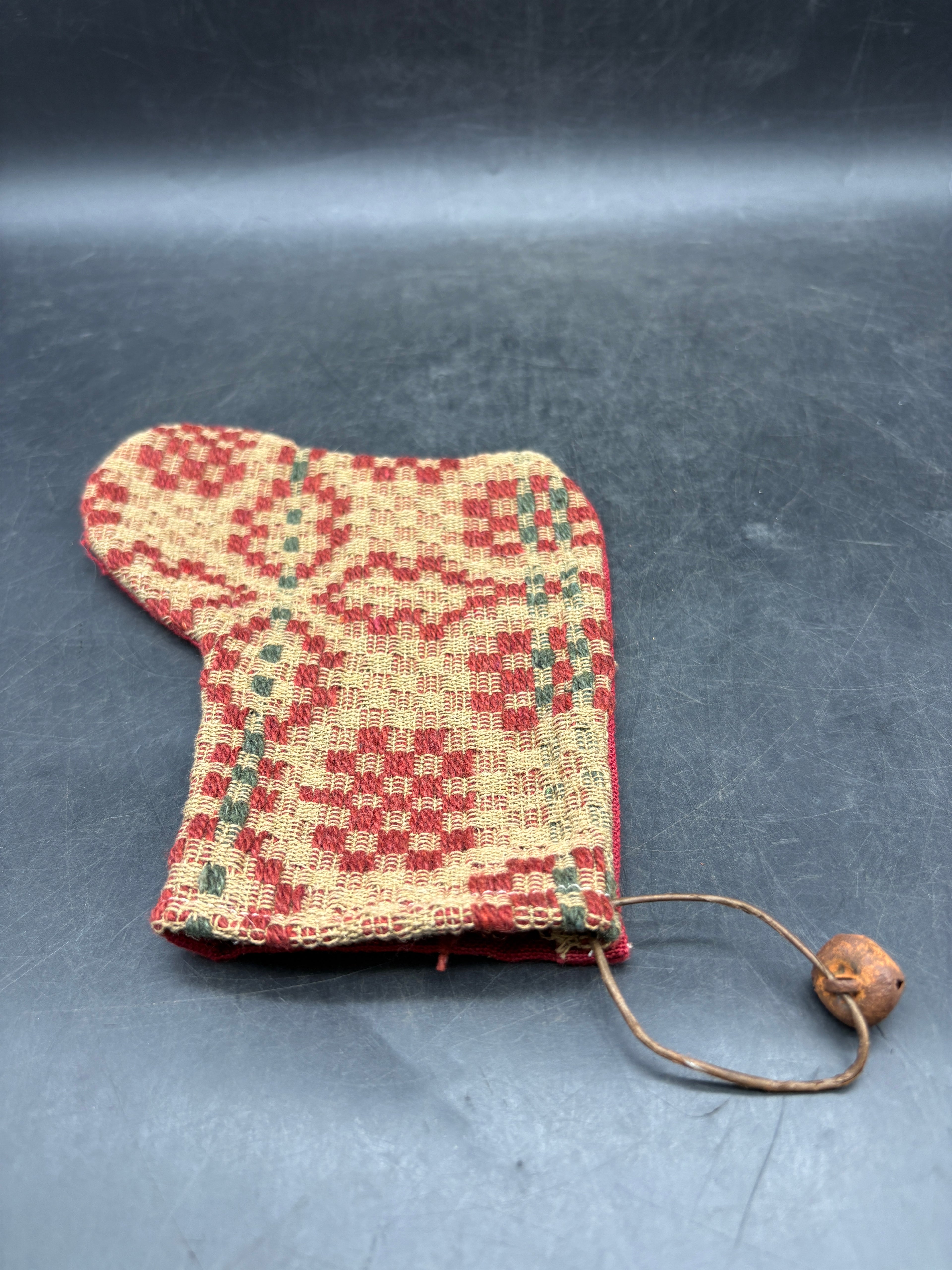 Handmade Coverlet Christmas Stocking — Small 6½" x 5" with Flannel Backing & Rusty Bell