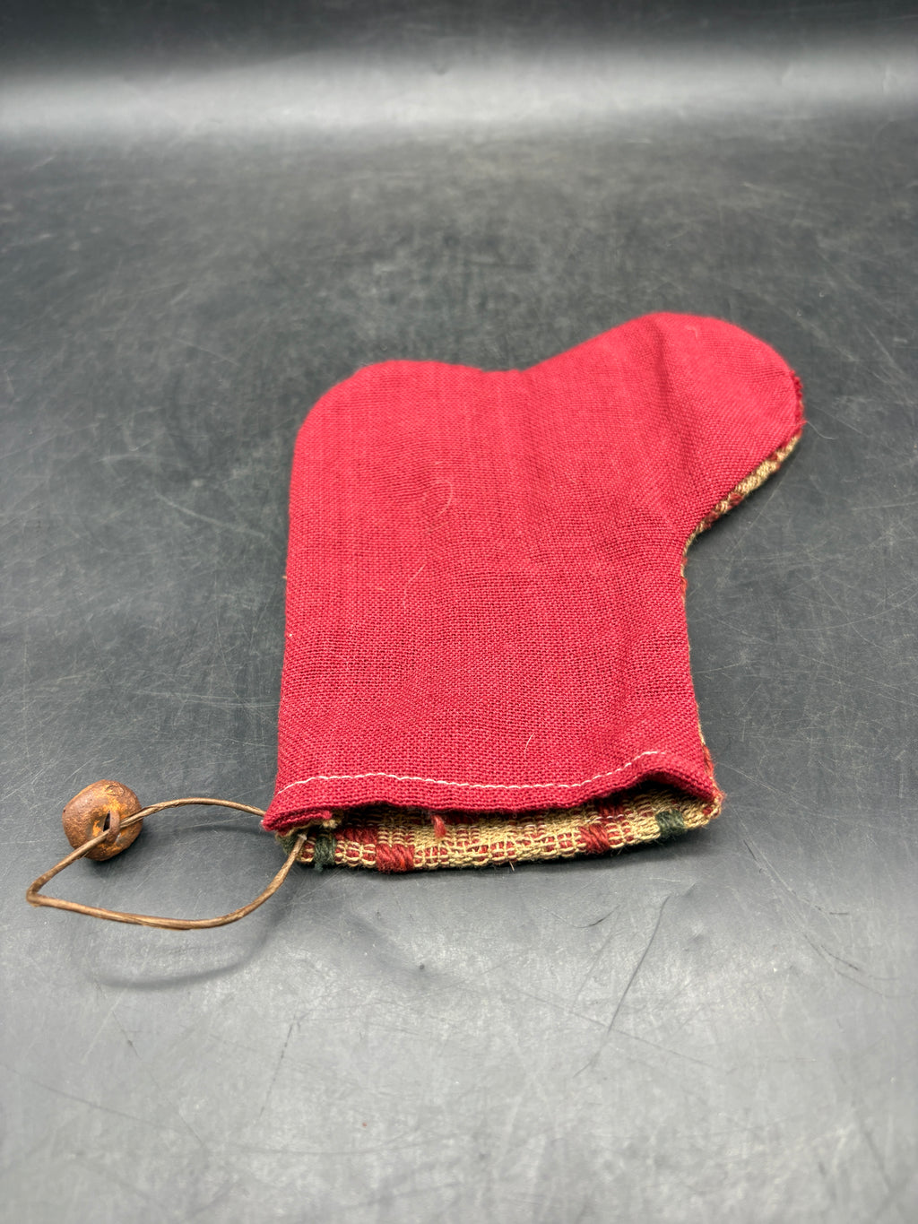 Handmade Coverlet Christmas Stocking — Small 6½" x 5" with Flannel Backing & Rusty Bell