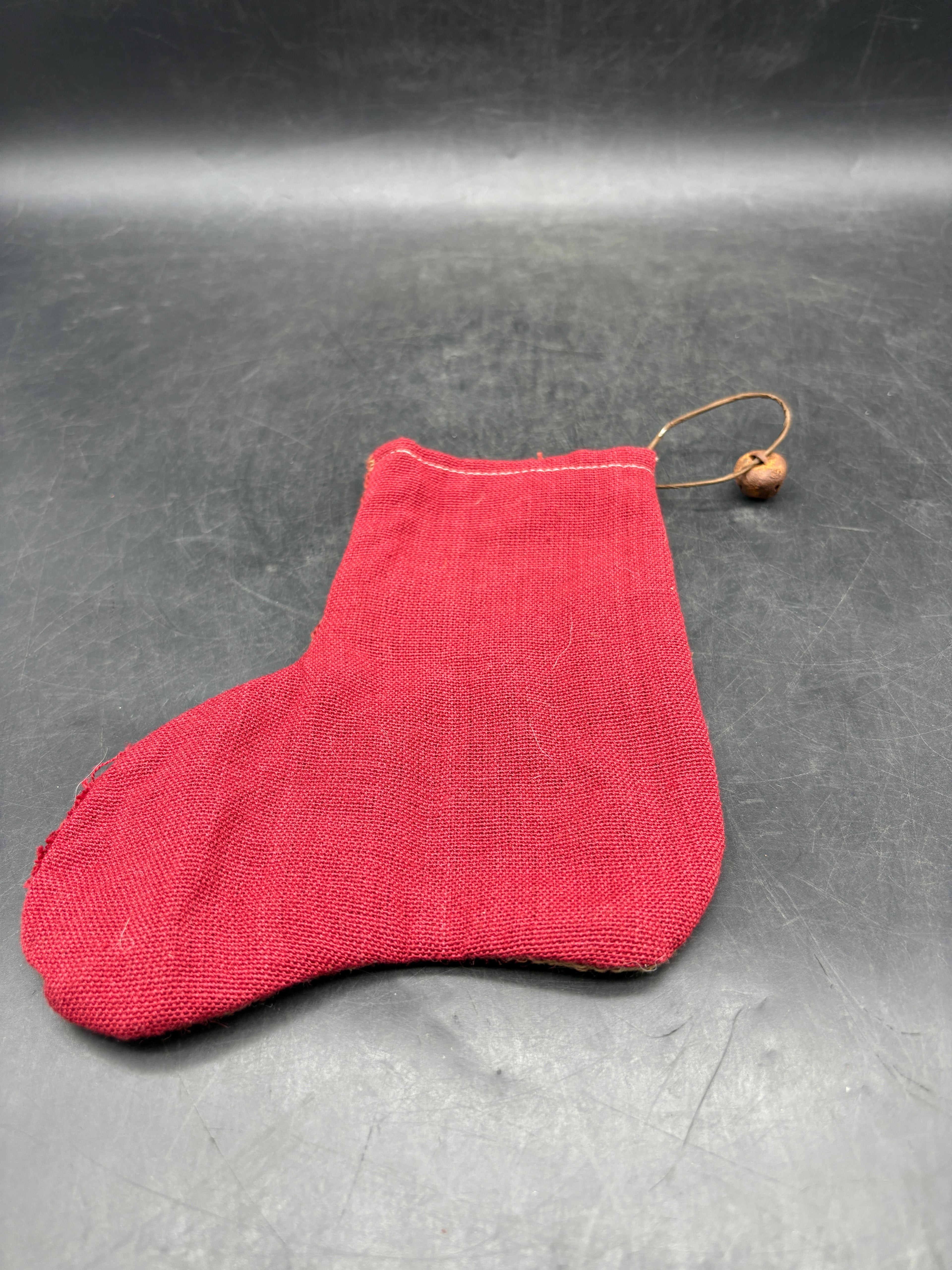 Handmade Coverlet Christmas Stocking — Small 6½" x 5" with Flannel Backing & Rusty Bell