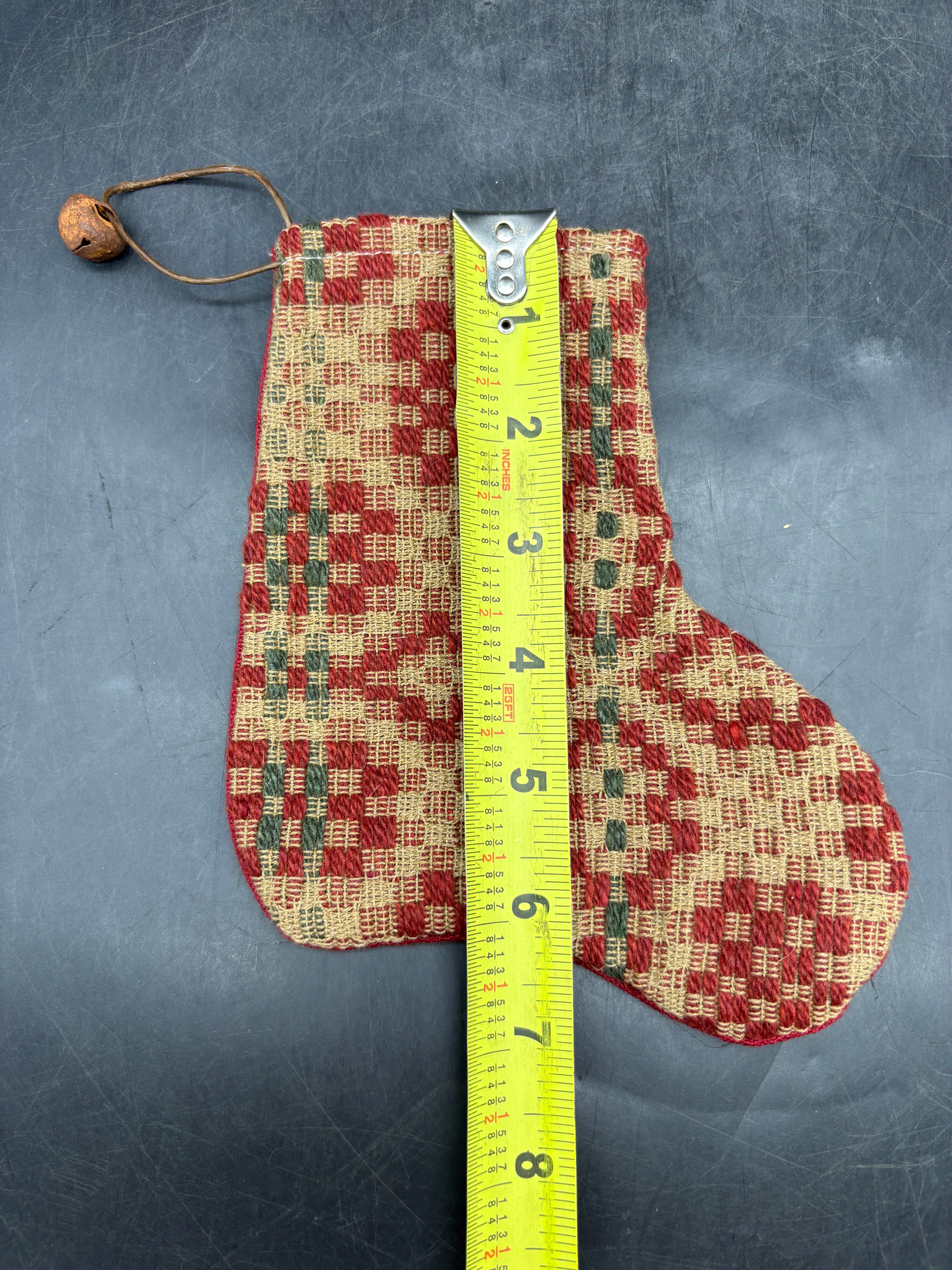 Handmade Coverlet Christmas Stocking — Small 6½" x 5" with Flannel Backing & Rusty Bell