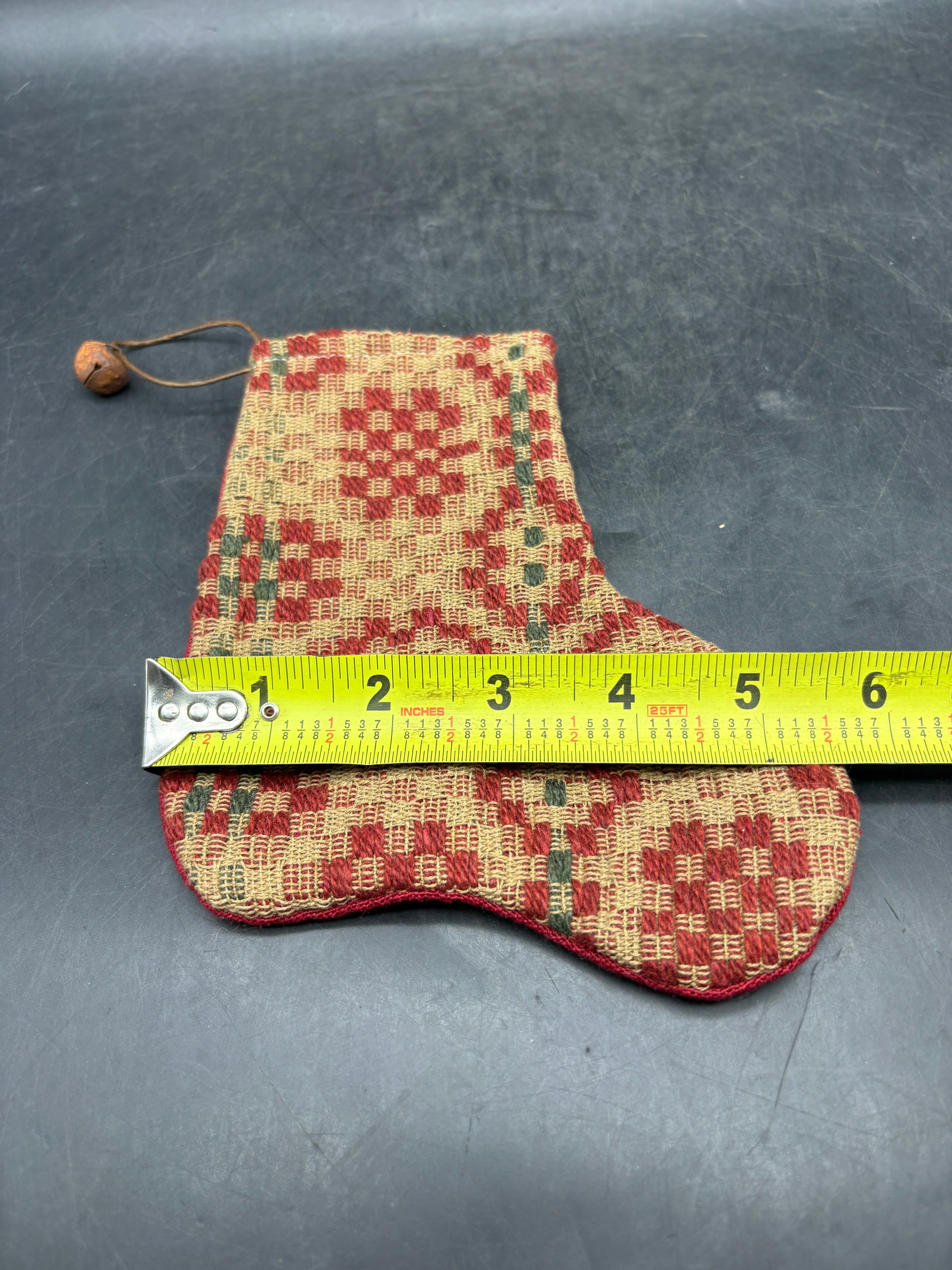 Handmade Coverlet Christmas Stocking — Small 6½" x 5" with Flannel Backing & Rusty Bell